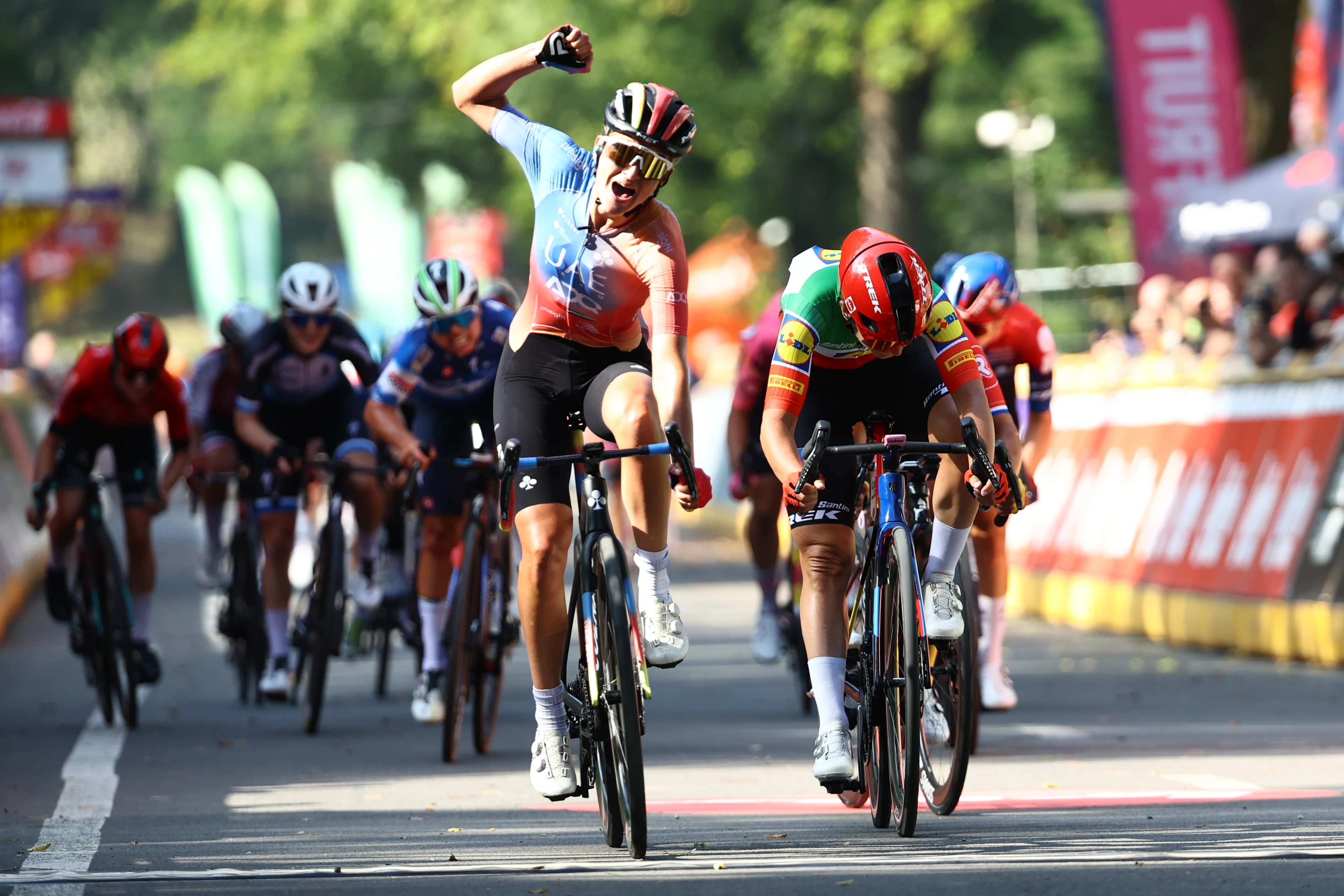 Dutch Karlijn Swinkels of UAE Team ADQ pictured in action at the finish line of the one day cycling race Grand Prix de Wallonie 2024 (139,3 km), from Blegny to the Citadelle de Namur, in Namur, on Wednesday 18 September 2024.  BELGA PHOTO DAVID PINTENS