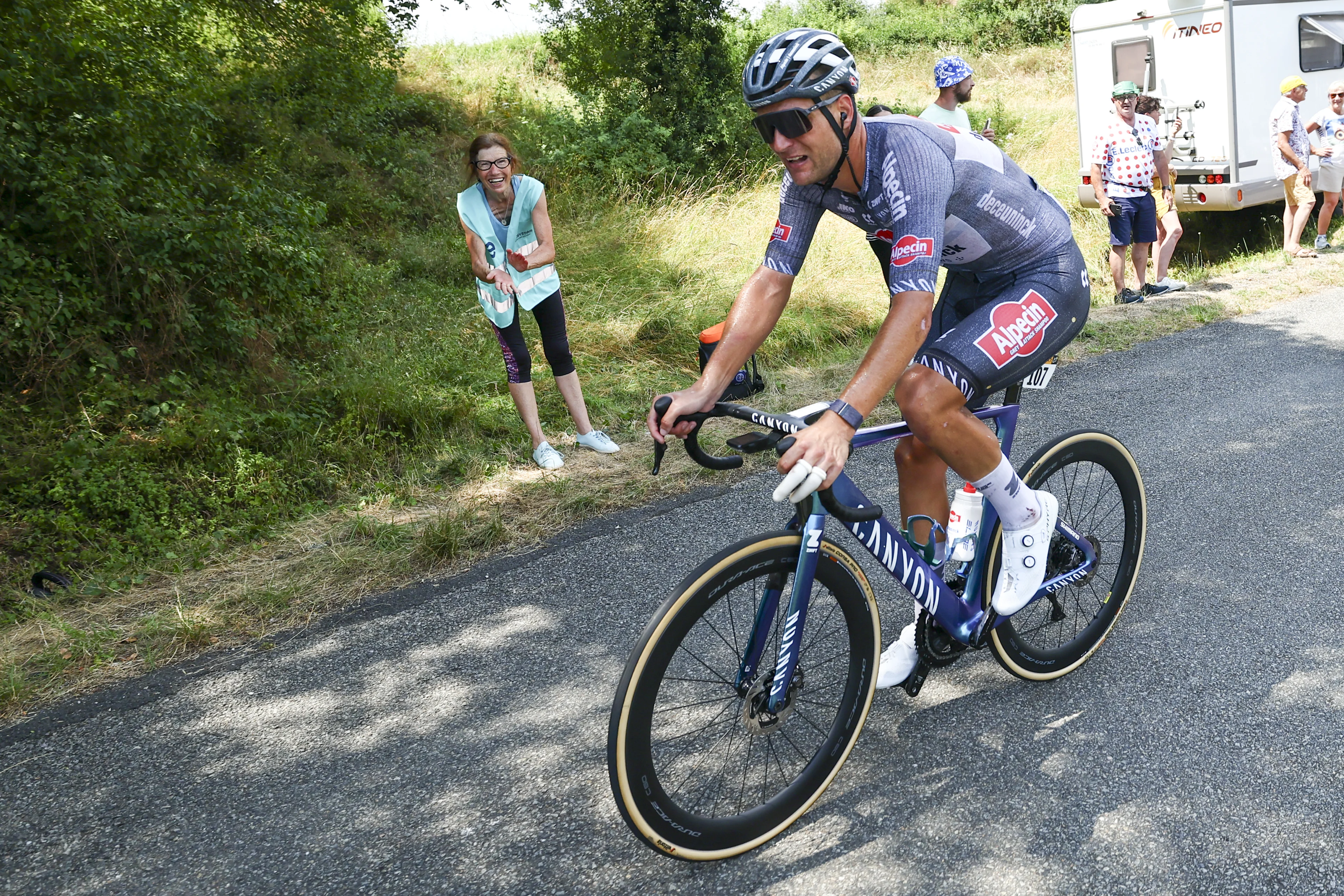 Belgian Jonas Rickaert of Alpecin-Deceuninck pictured in action during stage 12 of the 2024 Tour de France cycling race, from Aurillac to Villeneuve-sur-Lot, France (203,6km) on Thursday 11 July 2024. The 111th edition of the Tour de France starts on Saturday 29 June and will finish in Nice, France on 21 July. BELGA PHOTO DAVID PINTENS