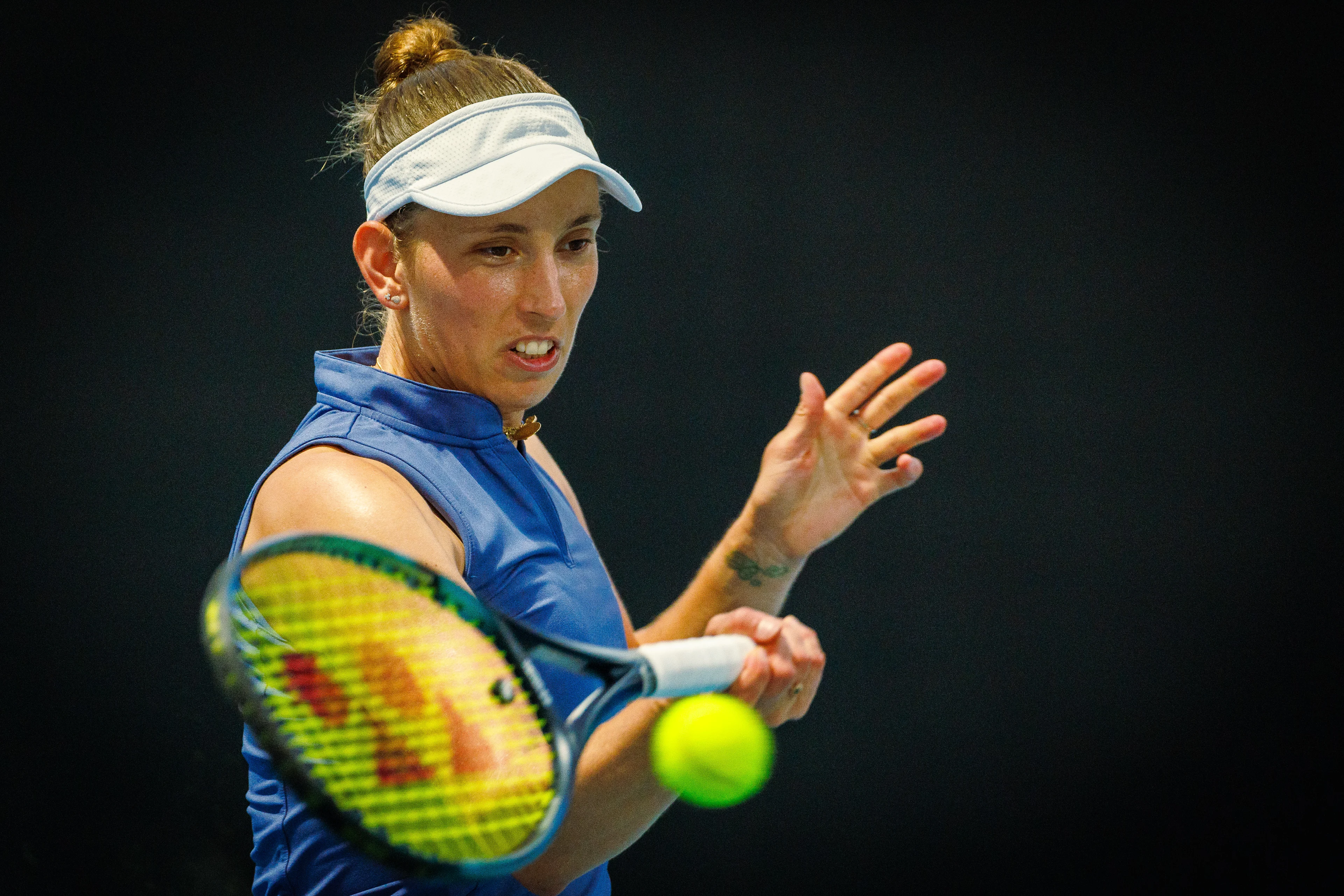 Belgian Elise Mertens pictured in action during a tennis match between Belgian Mertens and Swiss Golubic, in the first round of the women's singles at the 'Australian Open' Grand Slam tennis tournament, Monday 13 January 2025 in Melbourne Park, Melbourne, Australia. The 2025 edition of the Australian Grand Slam takes place from January 12th to January 26th. Mertens won 4-6, 7-6, 6-4. BELGA PHOTO PATRICK HAMILTON