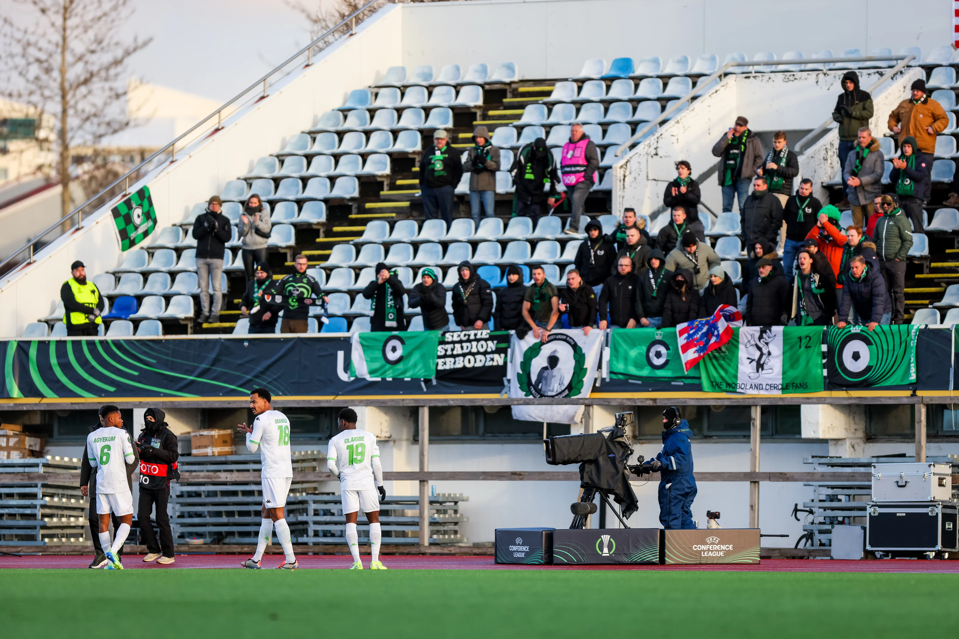 Cercle's players and Cercle's supporters pictured after a soccer match between Icelandic Vikingur Reykjavik and Belgian Cercle Brugge KSV, Thursday 24 October 2024, in Reykjavik, Iceland, on the second day of the group stage of the UEFA Conference League tournament. BELGA PHOTO ARNI TORFASON