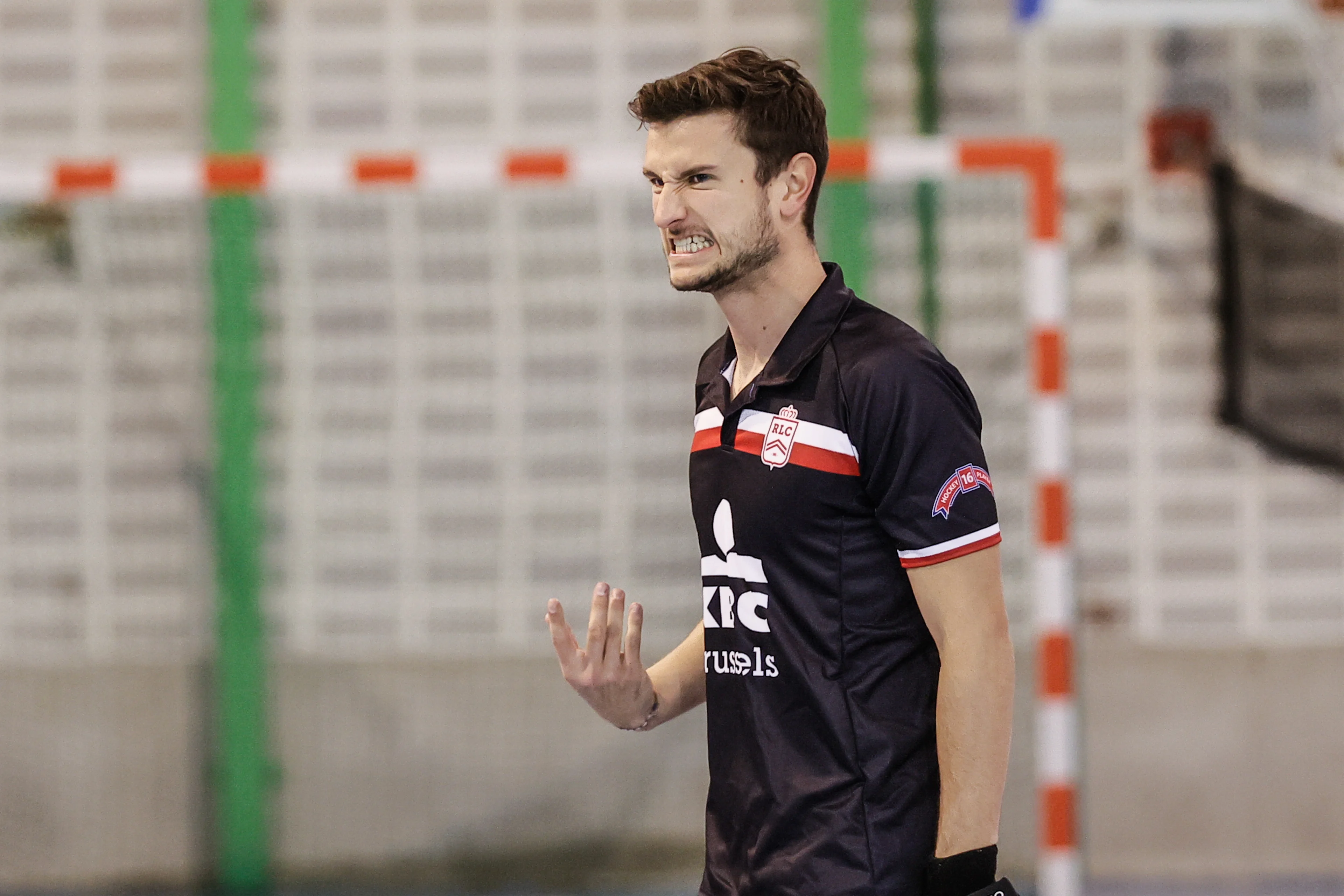 Leopold's Philippe Simar reacts during a hockey game between Royal Hockey Club Namurois and Royal Leopold Club, Sunday 21 November 2021 in Namur, for the first day of the Belgian Men Indoor Hockey League. BELGA PHOTO BRUNO FAHY