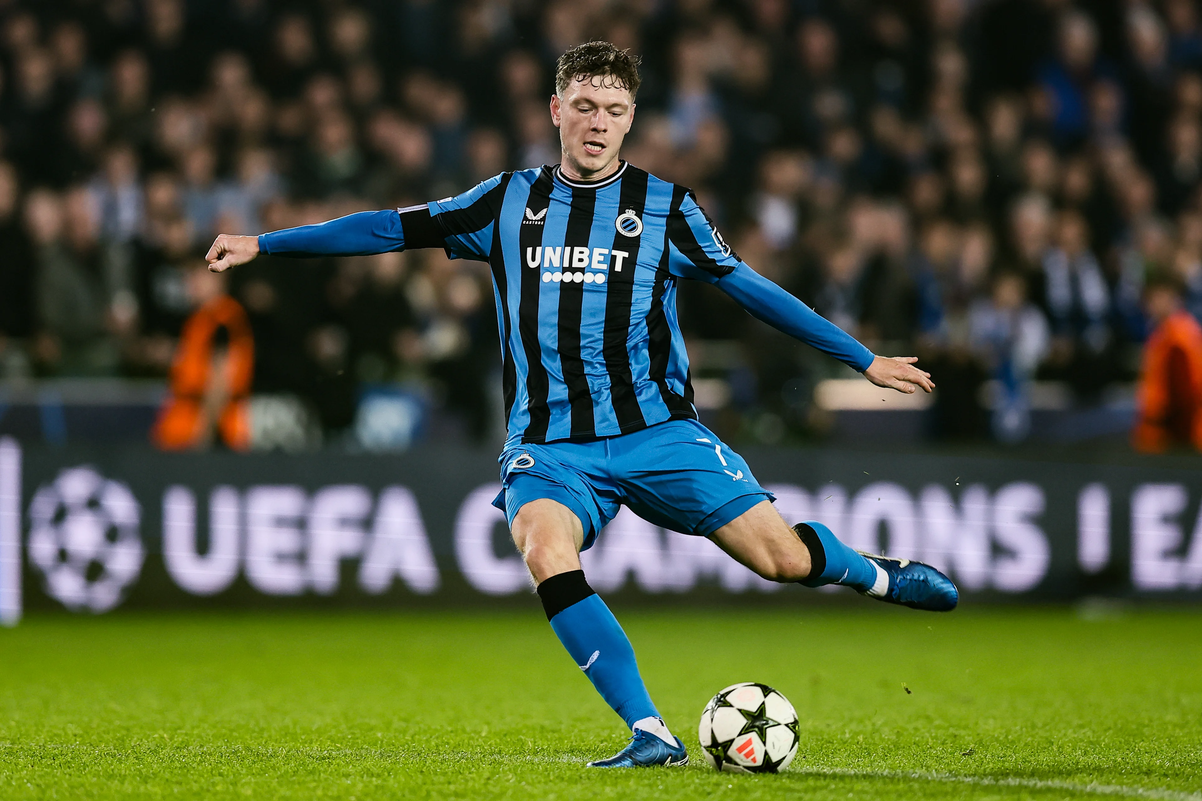 Club's Andreas Skov Olsen pictured in action during a soccer game between Belgian Club Brugge KV and English Aston Villa F.C., Wednesday 06 November 2024 in Brugge, on the fourth day of the UEFA Champions League league phase. BELGA PHOTO BRUNO FAHY