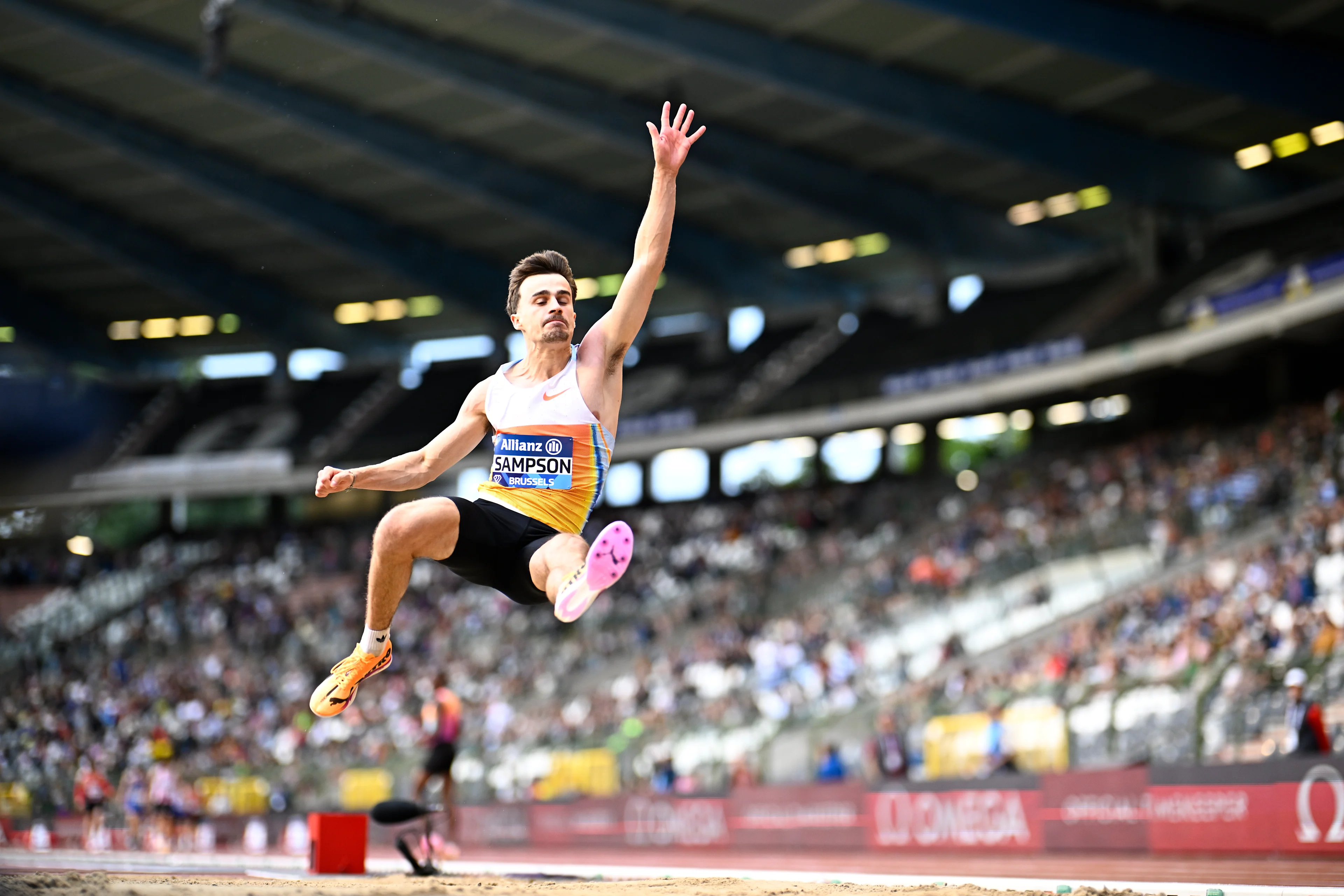 Belgium's Yanni Sampson pictured in action during the long jump event, at the 50th edition of the Memorial Van Damme Diamond League athletics event in Brussels, Friday 4 September 2026. BELGA PHOTO JASPER JACOBS