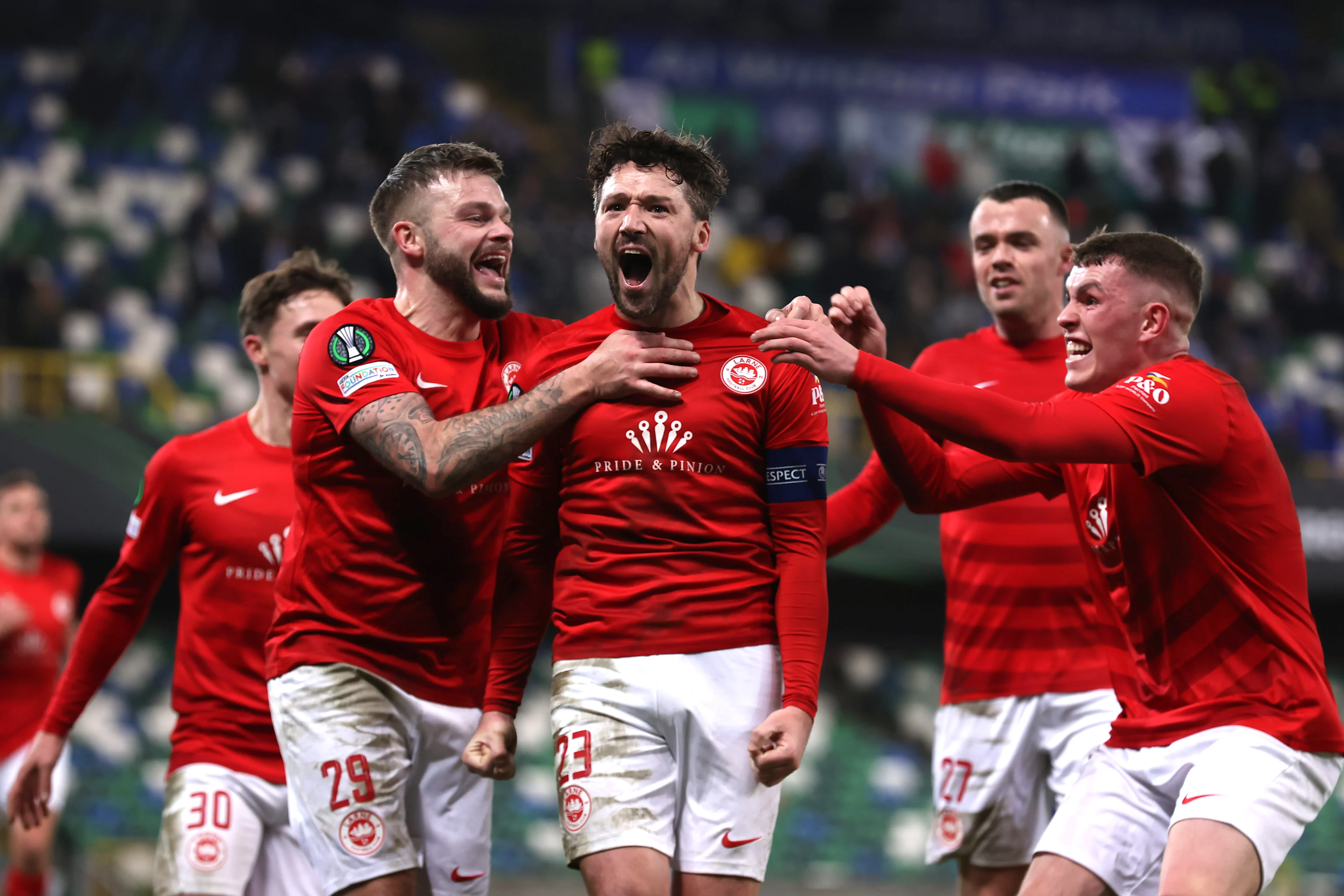 a soccer game between Northern Irish team Larne and Belgian Cercle Brugge KSV, Thursday 19 December 2024 in Belfast, on day 6/6 of the group stage of the UEFA Conference League tournament.   BELGA PHOTO LIAM MCBURNEY