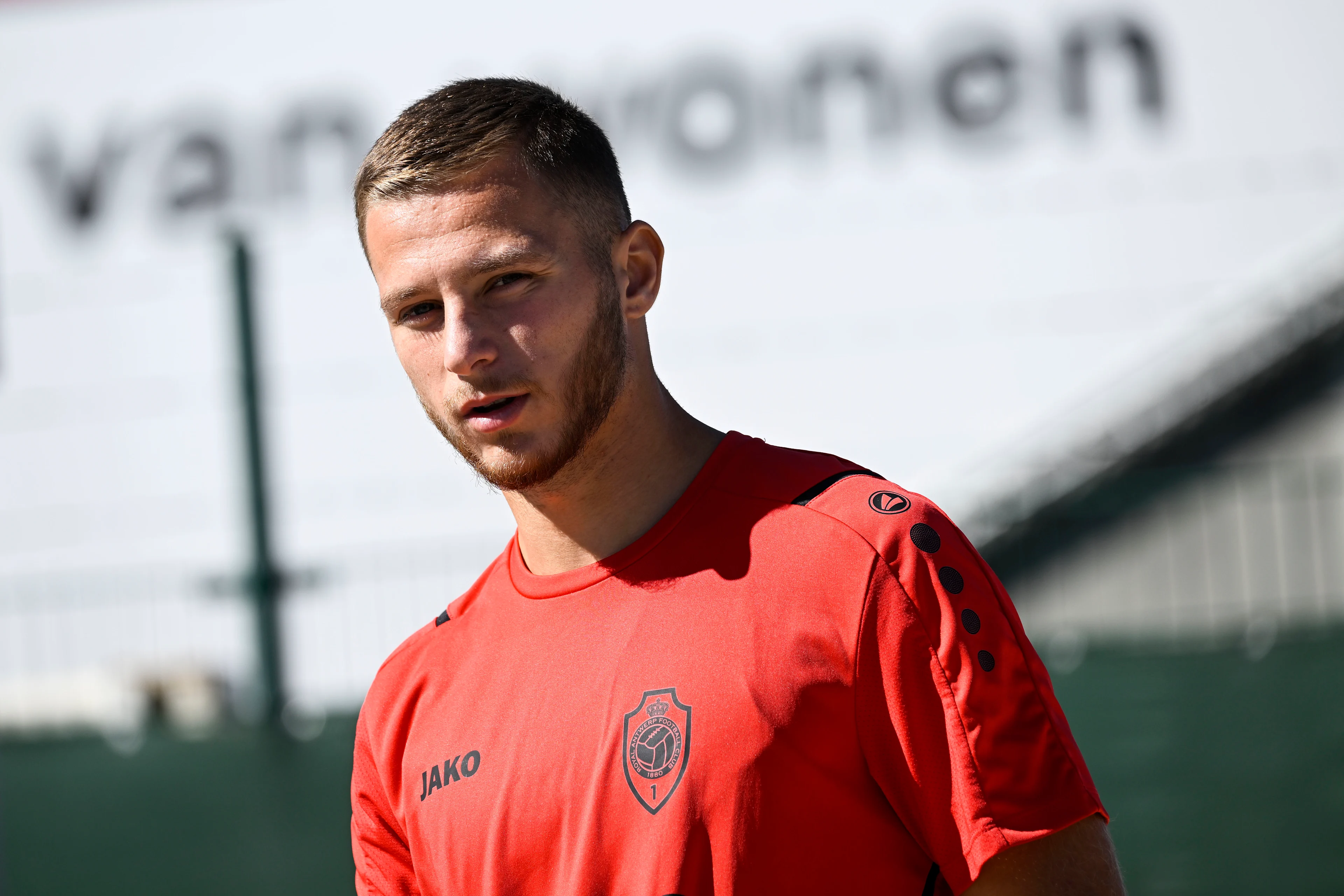 Antwerp's Laurit Krasniqi pictured ahead of a training session of Belgian soccer team Royal Antwerp FC RAFC, ahead of the match between Royal Antwerp FC RAFC and SK Lillestrom, Wednesday 03 August 2022 in Antwerp, the first leg in the third qualifying round of the UEFA Conference League competition. BELGA PHOTO TOM GOYVAERTS