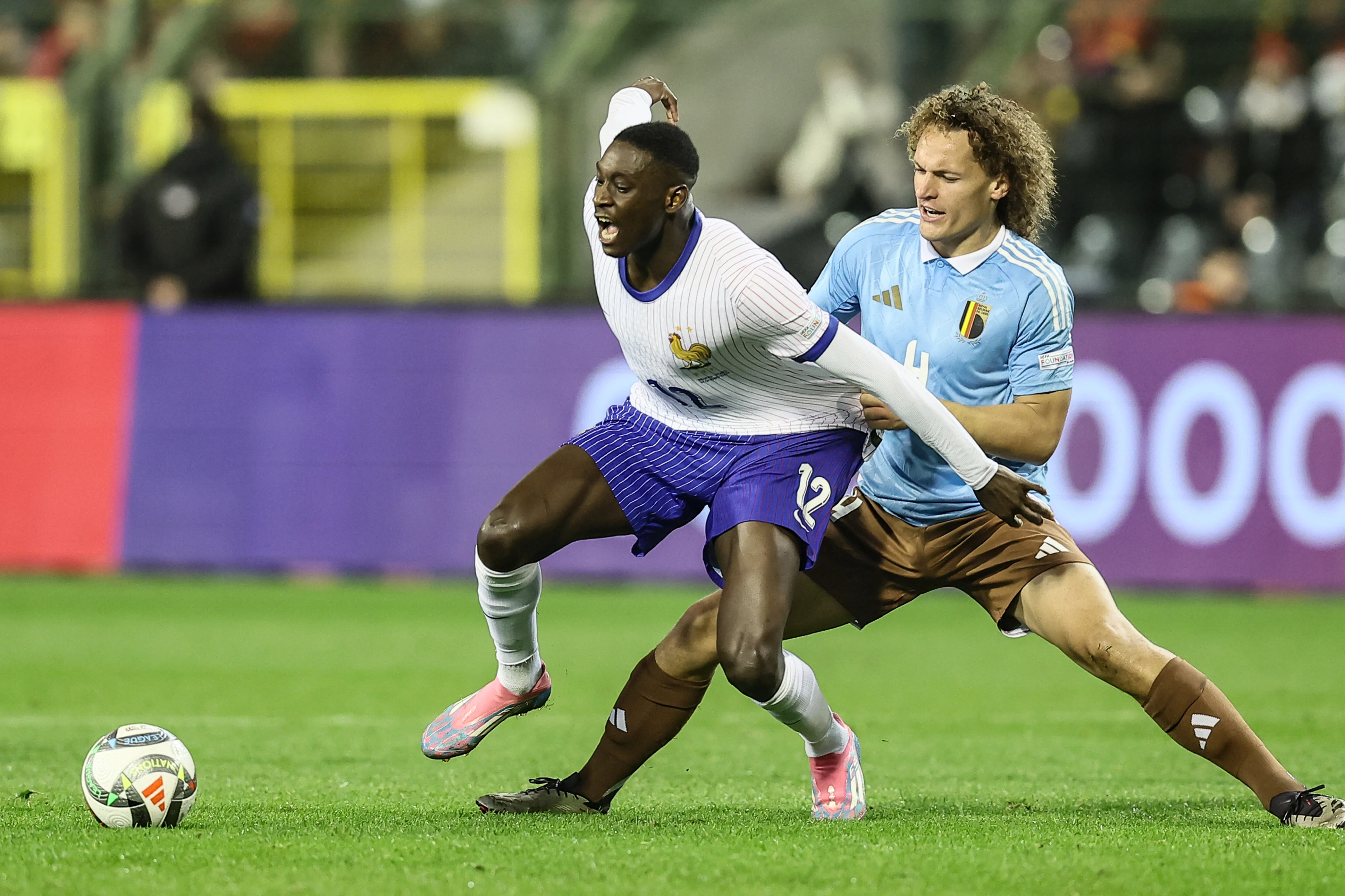 France's Randal Kolo Muani and Belgium's Wout Faes fight for the ball during a soccer game between Belgian national soccer team Red Devils and France, match 4 (out of 6) in the League A Group 2 of the UEFA Nations League 2025 competition, Monday 14 October 2024 in Brussels. BELGA PHOTO BRUNO FAHY