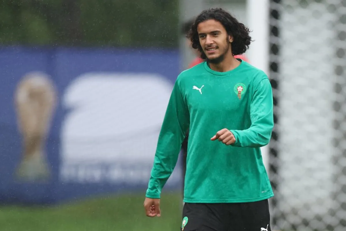 Morocco's midfielder #06 Ayyoub Bouaddi takes part in a training session at the New England Revolution Training Centre in Foxborough, near Boston, on July 7 2026, during the 2026 World Cup football tournament. FRANCK FIFE / AFP