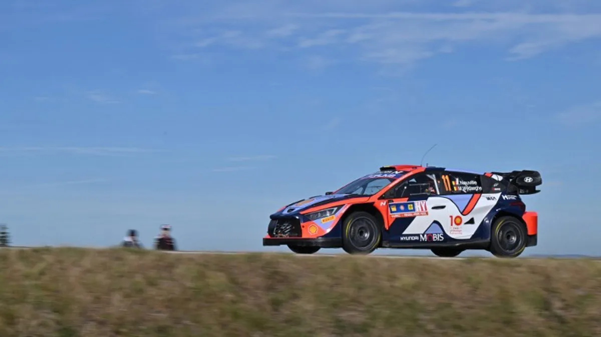 Belgium's Thierry Neuville and his co-driver Martijn Wydaeghe with Hyundai i20 N Rally1 Hybrid compete during the WRC Central European Rally 2024 in Breitenberg near Passau, southern Germany on October 20, 2024.    KERSTIN JOENSSON / AFP