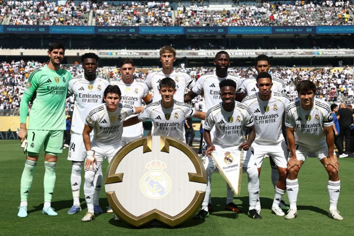 Real Madrid's players pose for a team photo ahead of the the FIFA Club World Cup 2025 quarterfinal football match between Spain's Real Madrid and Germany's Borussia Dortmund at the MetLife stadium in East Rutherford, New Jersey on July 05, 2025. FRANCK FIFE / AFP