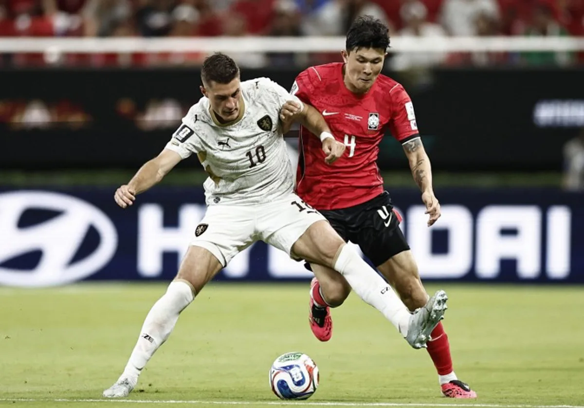 Czech Republic's forward #10 Patrik Schick and South Korea's defender #04 Kim Min-jae fight for the ball during the 2026 World Cup Group A football match between South Korea and the Czech Republic at the Guadalajara Stadium in Zapopan on June 11, 2026.   Ulises RUIZ / AFP