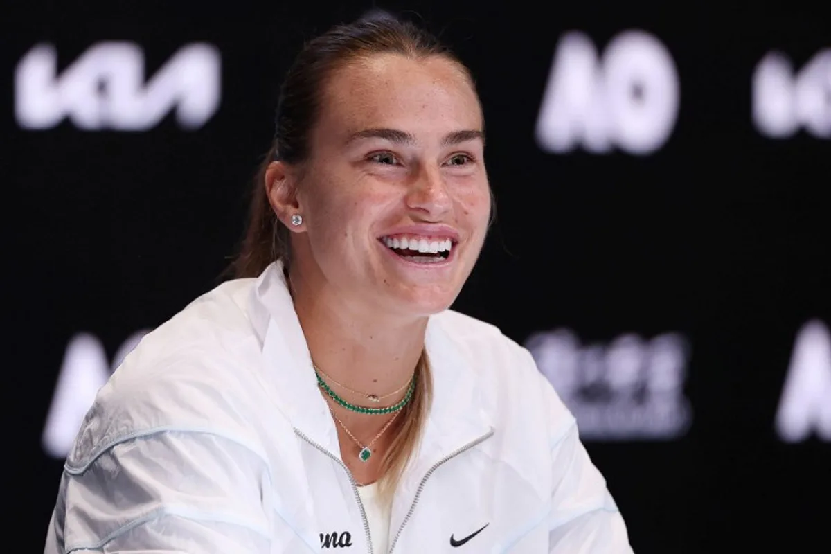 This hand out picture released by the Tennis Australia on January 10, 2025 shows Belarus' Aryna Sabalenka speaks at a press conference ahead of the Australian Open tennis tournament in Melbourne.   MORGAN HANCOCK / TENNIS AUSTRALIA / AFP