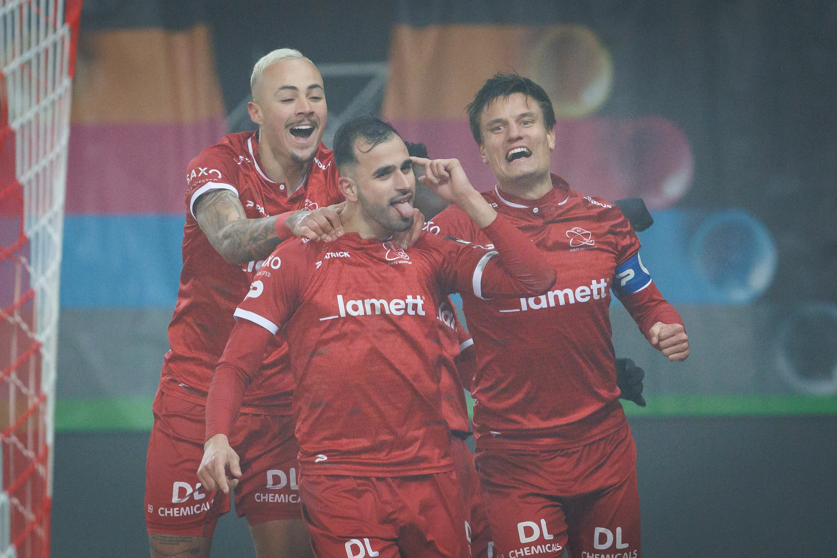 Essevee's Stavros Gavriel celebrates after scoring during a soccer match between SV Zulte Waregem and Patro Eisden Maasmechelen, Saturday 11 January 2025 in Waregem, on day 17 of the 2024-2025 'Challenger Pro League' 1B second division of the Belgian championship. BELGA PHOTO KURT DESPLENTER