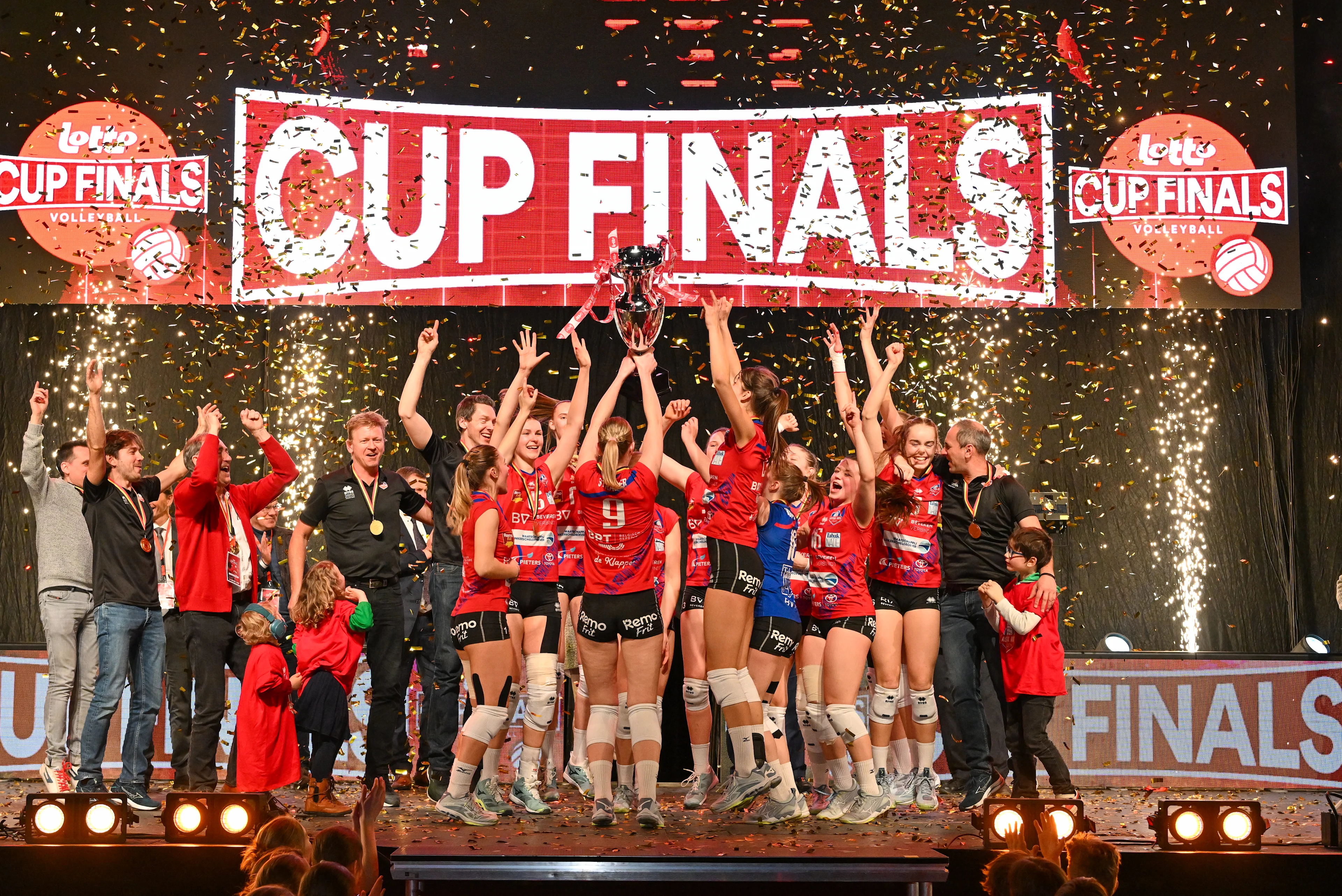 Asterix' players celebrate after winning the match between Asterix Avo Volley Beveren and VDK Bank Gent damesvolley, the final match in the men Belgian volleyball cup competition, Sunday 26 February 2023 in Merksem, Antwerp. BELGA PHOTO DAVID CATRY