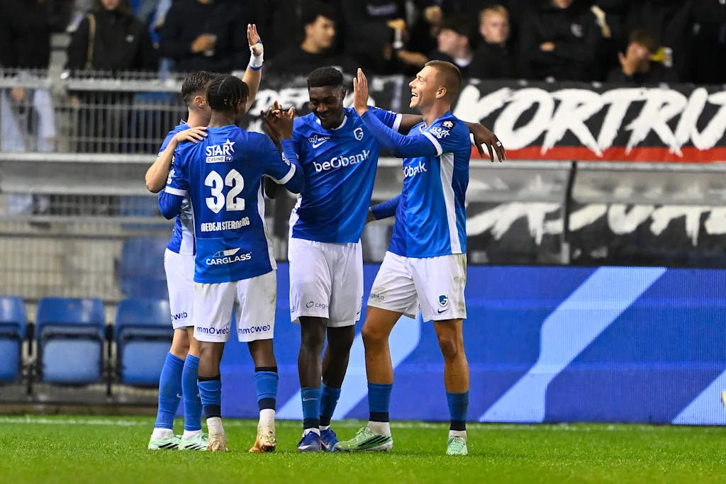 Genk's Rafiu Durosinmi celebrates after scoring during a soccer match between KRC Genk and KV Kortrijk, Saturday 10 October 2026 in Genk, on day 8 of the 2026-2027 'Jupiler Pro League' first division of the Belgian championship, in Genk. BELGA PHOTO JOHAN EYCKENS