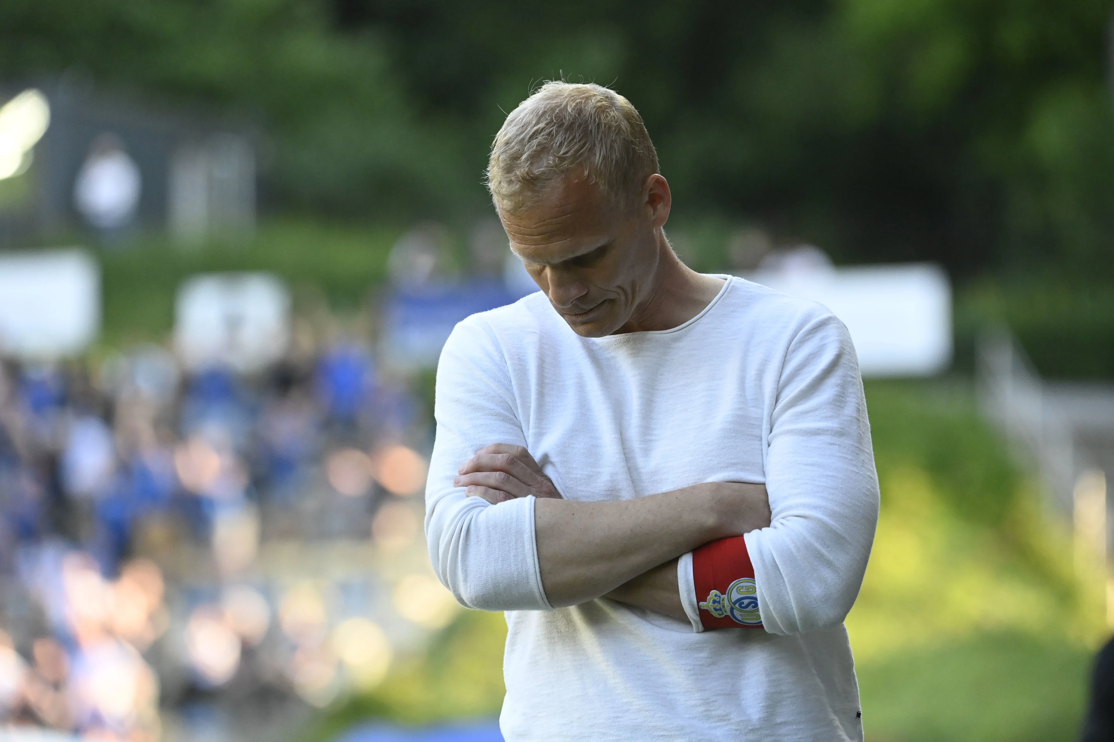 Union's head coach Karel Geraerts reacts during a soccer match between Royale Union Saint-Gilloise and Club Brugge, Sunday 04 June 2023 in Brussels, on day 6 of the Champions' play-offs of the 2022-2023 'Jupiler Pro League' first division of the Belgian championship. BELGA PHOTO JOHN THYS