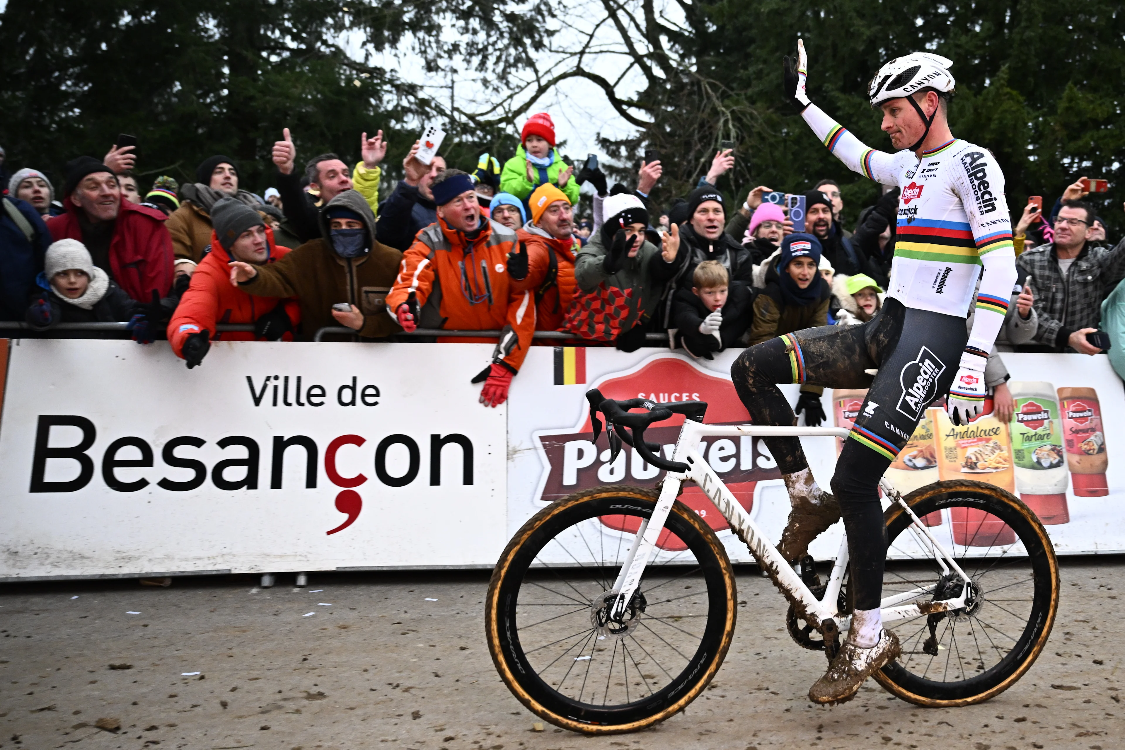 Dutch Mathieu Van Der Poel pictured crossing the finish line of the men's elite race at the Cyclocross World Cup cyclocross event in Besancon, France, , the eighth stage (out of 12) in the World Cup of the 2023-2024 season. BELGA PHOTO JASPER JACOBS