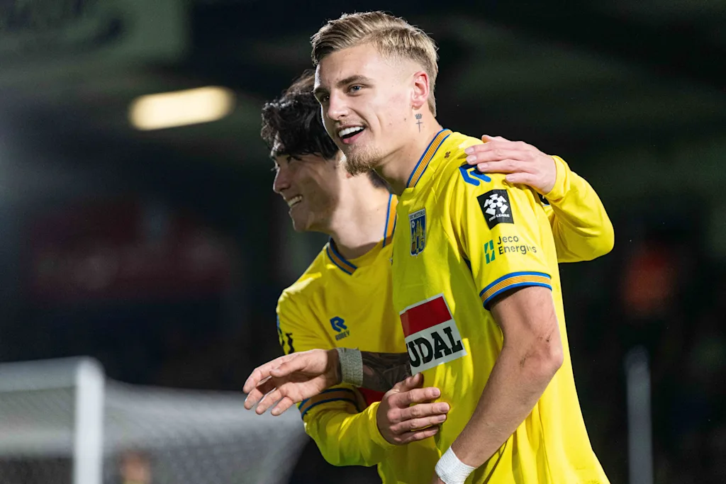 Westerlo's Norman Bassette celebrate after scoring during a soccer match between KVC Westerlo and Royal Antwerp FC, Sunday 11 October 2026 in Westerlo, on day 8 of the 2026-2027 'Jupiler Pro League' first division of the Belgian championship. BELGA PHOTO EMILE WINDAL
