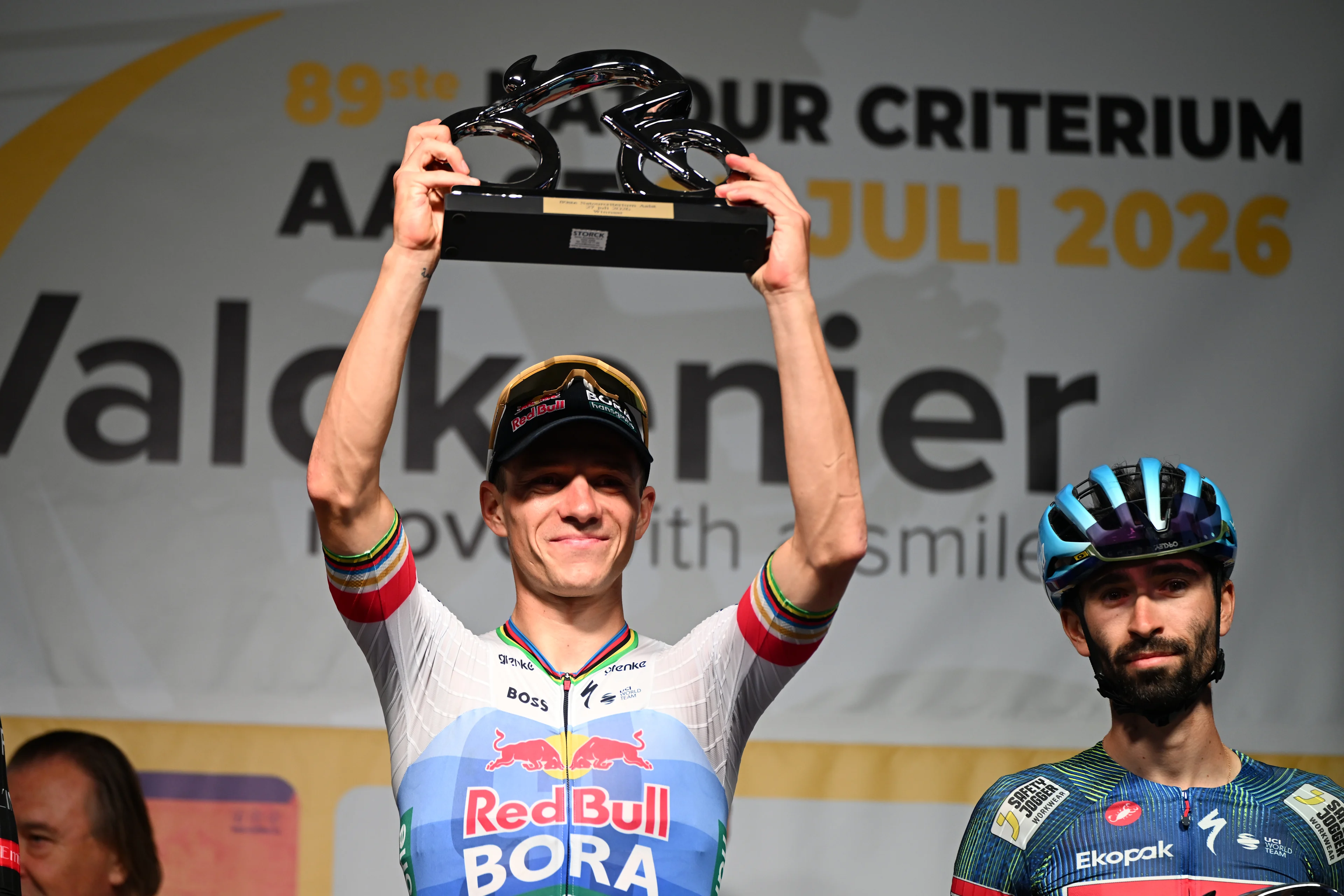 Belgian Remco Evenepoel of Red Bull-BORA-hansgrohe and French Valentin Paret-Peintre of Soudal Quick-Step celebrate on the podium after the 'Natourcriterium Aalst' cycling event, Monday 27 July 2026, in Aalst. The traditional 'criteriums' are local showcases for which mainly cyclists who rode the Tour de France are invited. BELGA PHOTO ELIAS ROM