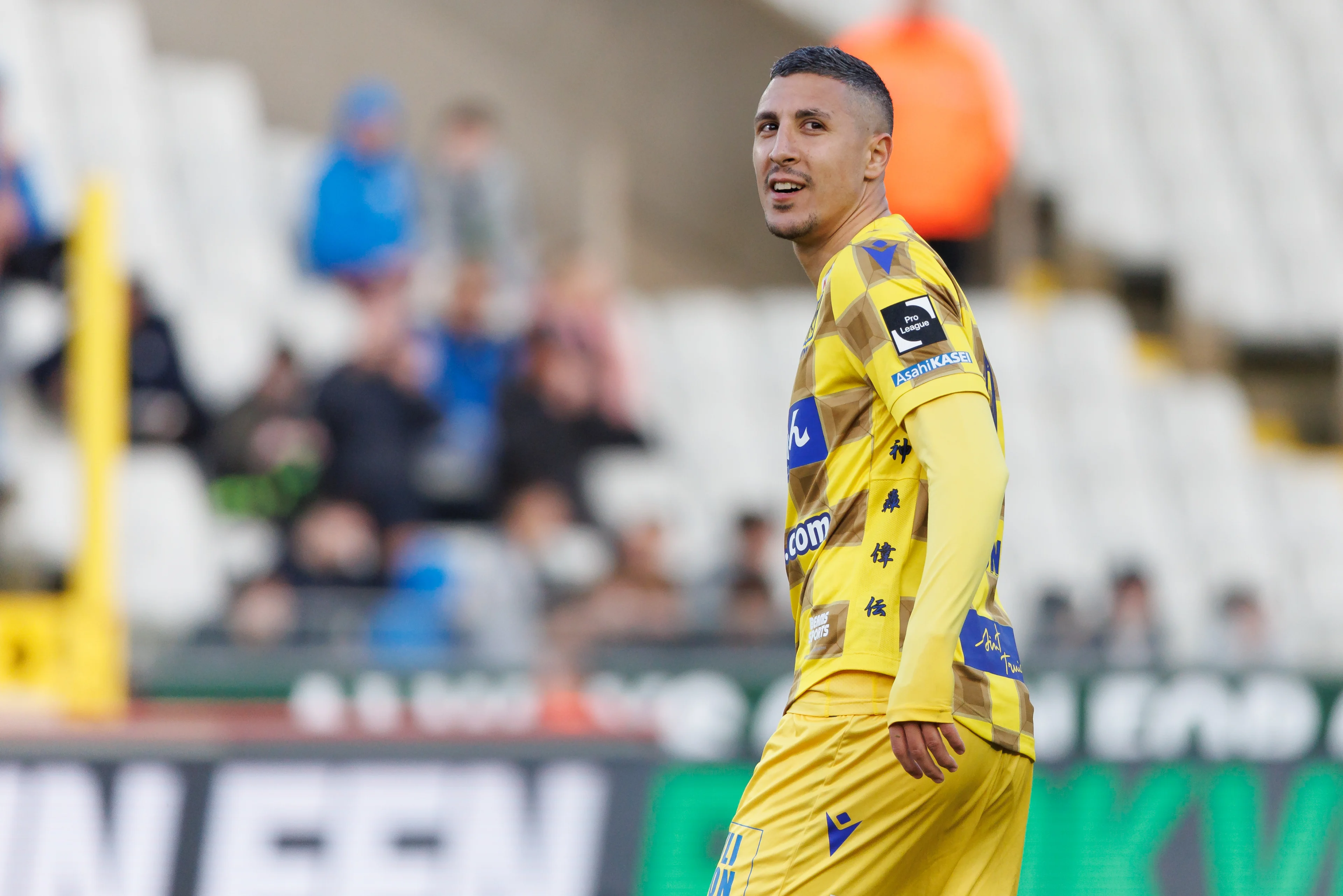 STVV's Gianni Bruno celebrates after scoring during a soccer match between Cercle Brugge and Sint-Truidense VV, Saturday 15 April 2023 in Brugge, on day 33 of the 2022-2023 'Jupiler Pro League' first division of the Belgian championship. BELGA PHOTO KURT DESPLENTER