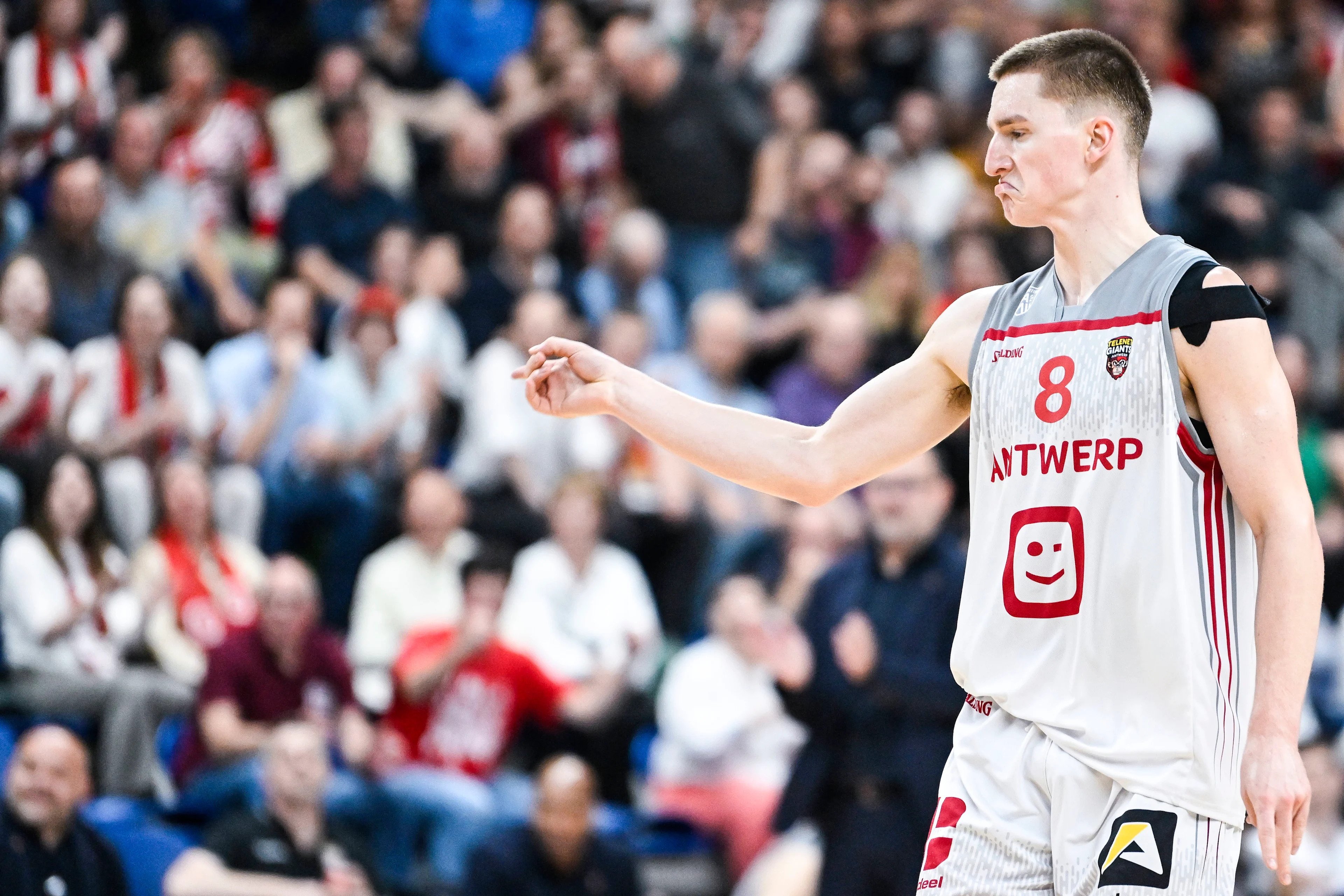 Antwerp's Jo Van Buggenhout celebrates after scoring during a basketball match between Antwerp Giants and BC Oostende, Wednesday 29 May 2024 in Antwerp, match 2 (best of 5) of the Belgian finals of the 'BNXT League' first division basket championship. BELGA PHOTO TOM GOYVAERTS