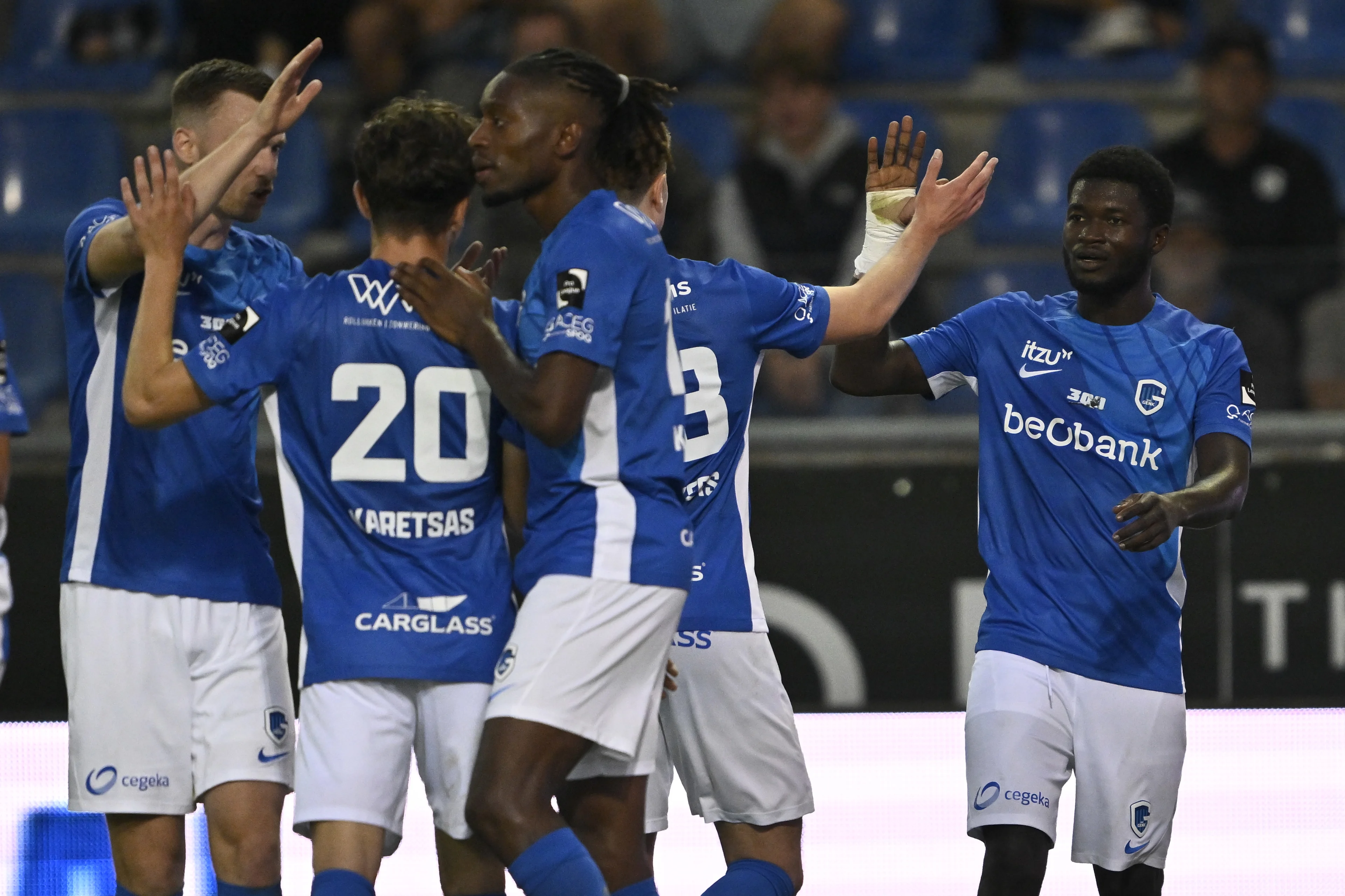 Genk's Christopher Bonsu Baah celebrates after scoring during a soccer match between KRC Genk and FCV Dender EH, Sunday 22 September 2024 in Genk, on day 8 of the 2024-2025 season of the 'Jupiler Pro League' first division of the Belgian championship. BELGA PHOTO JOHAN EYCKENS