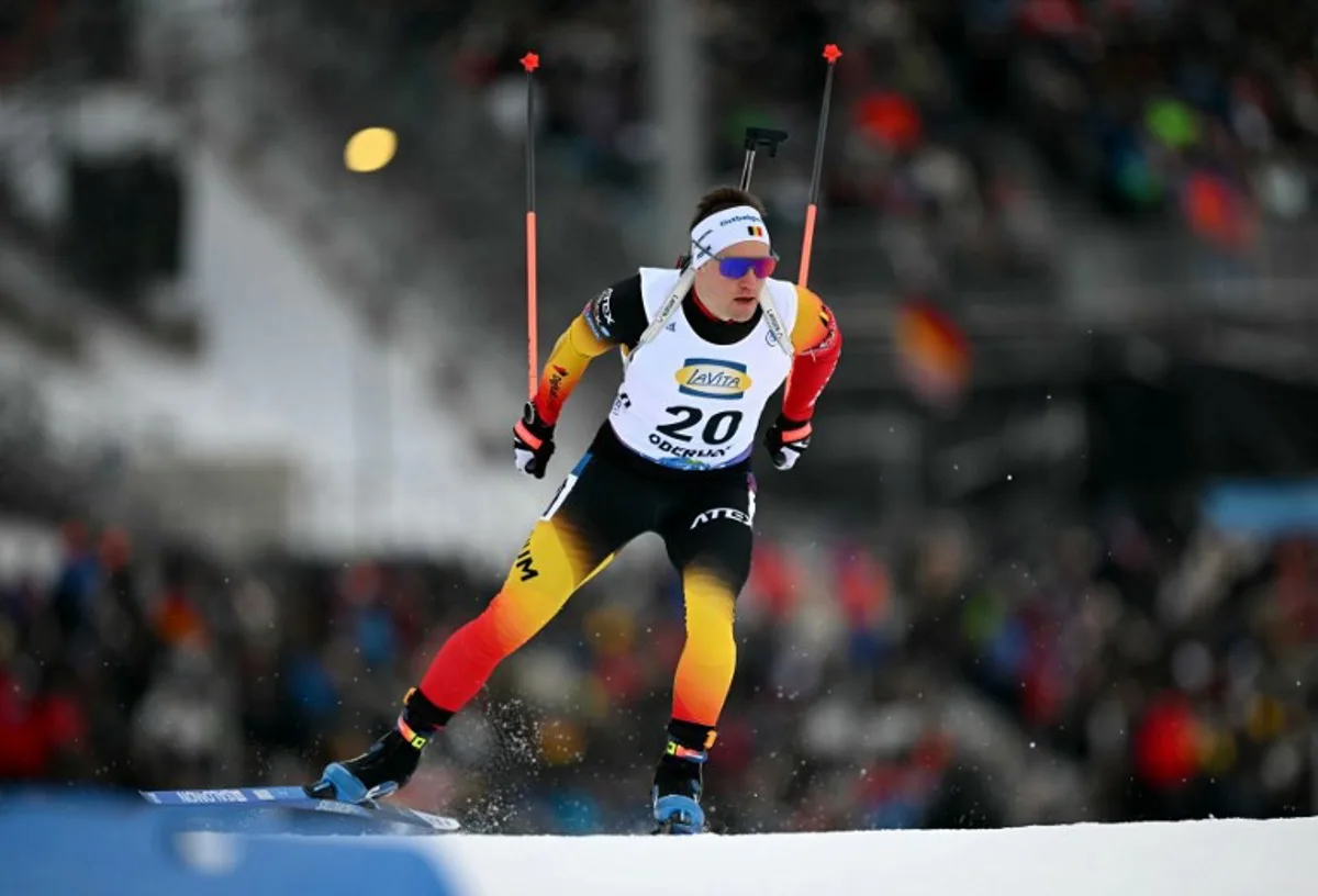 Belgium's Thierry Langer competes during the men's 10km sprint competition of the IBU Biathlon World Cup in Oberhof on January 10, 2025.  Tobias SCHWARZ / AFP