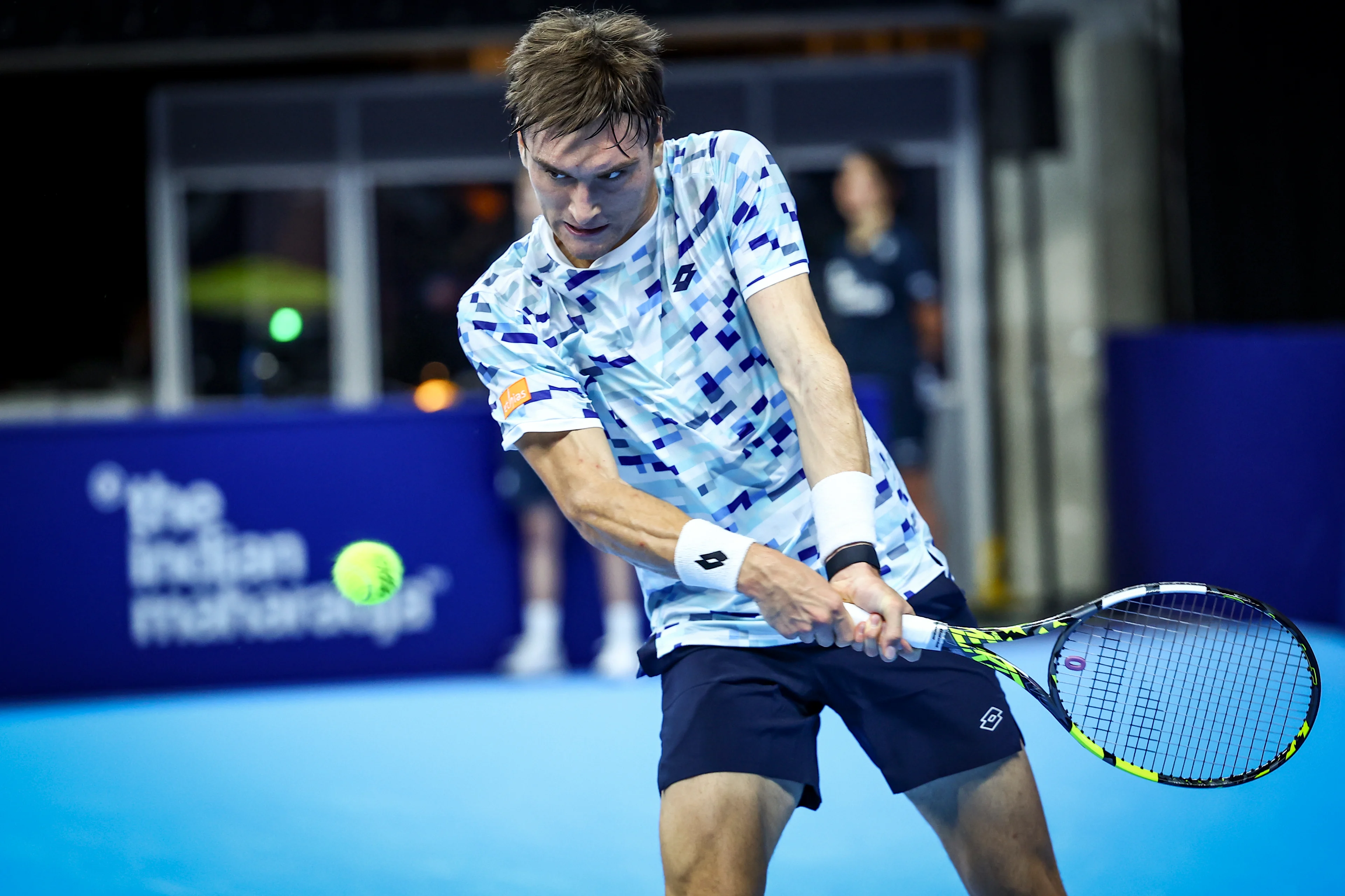 Belgian Raphael Collignon pictured in action during a tennis match in the round of 32 of the singles competition at the ATP European Open Tennis tournament in Antwerp, Monday 14 October 2024. BELGA PHOTO DAVID PINTENS