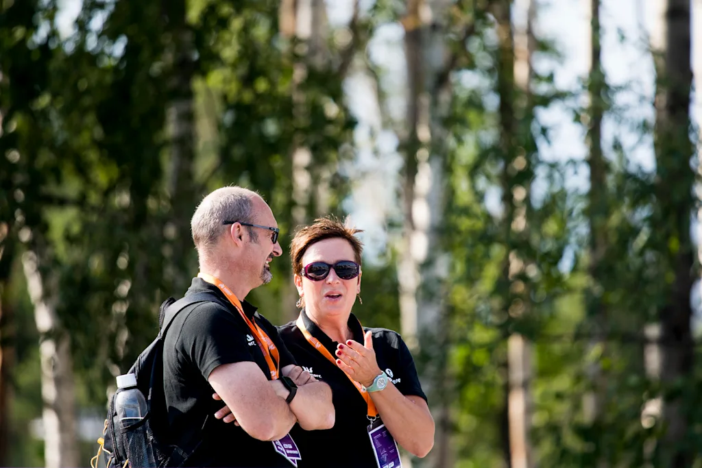 Patrick Van Waes and Athletics coach Lieve Van Mechelen pictured during on the fourth and last day of the European Athletics U23 Championships, Sunday 14 July 2019 in Gavle, Sweden. BELGA PHOTO JASPER JACOBS