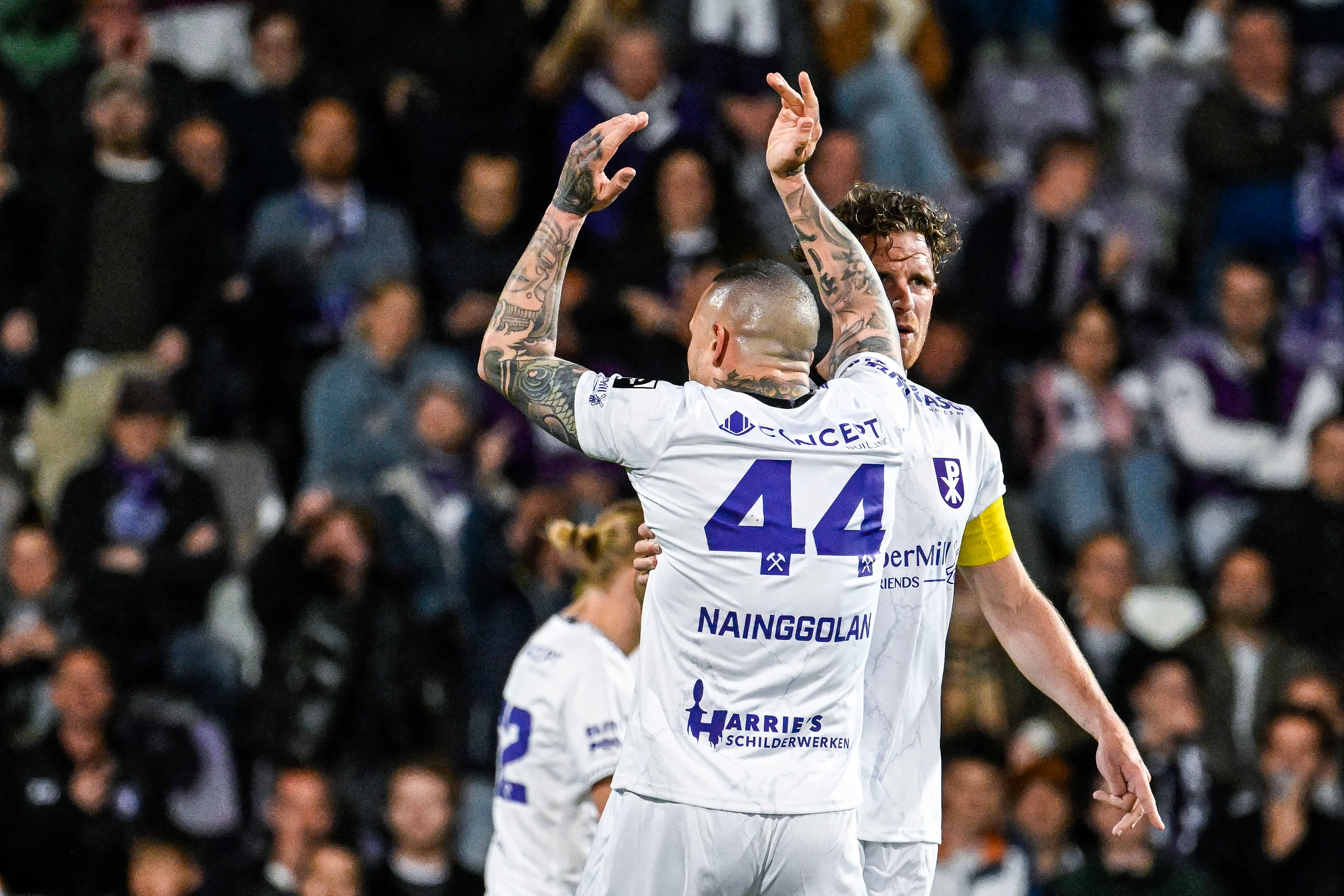 Patro Eisden's Radja Nainggolan celebrates after scoring during a soccer game between Beerschot VA and Patro Eisden Maasmechelen, Monday 27 April 2026 in Antwerp, the return leg of the Semi-Finals of the Promotion Play-Offs of the 2025-2026 'Challenger Pro League' 1B second division of the Belgian championship. First leg ended on a draw 1-1. BELGA PHOTO TOM GOYVAERTS