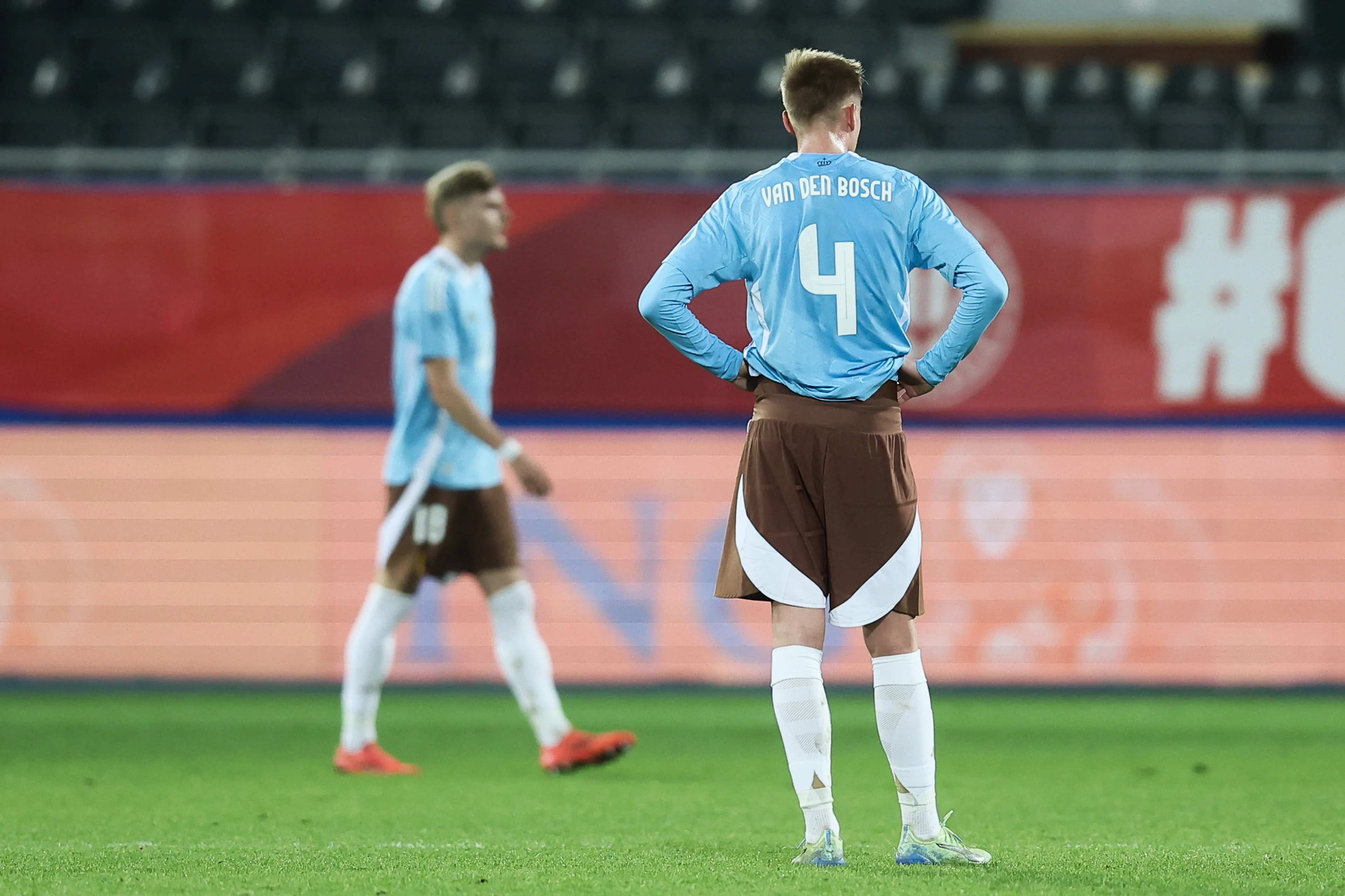 Belgium's Zeno Van Den Bosch looks dejected after a soccer game between the U21 youth team of the Belgian national team Red Devils and the U21 of Czechia, in Heverlee, Leuven, on Friday 15 November 2024, the first leg of the play-offs for the 2025 UEFA European Under21 Championship. BELGA PHOTO BRUNO FAHY