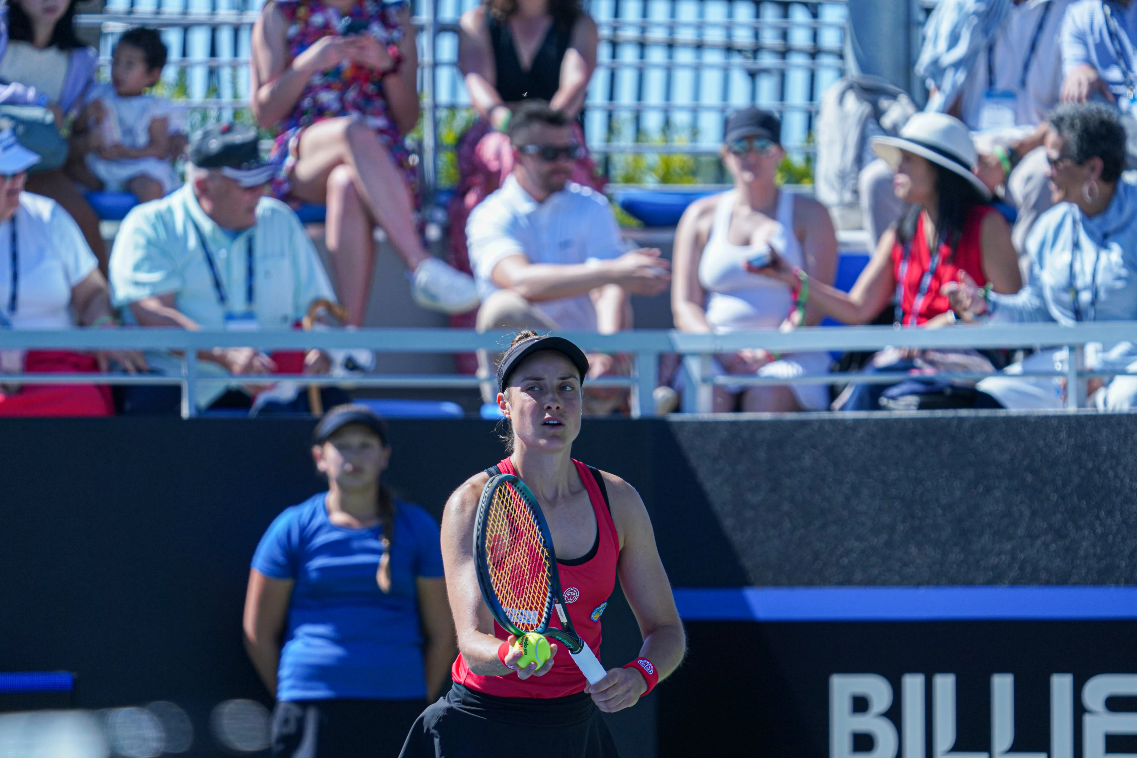 Belgian Marie Benoit pictured in action during the fourth match between, a doubles match between American pair Dolehide and Townsend and Belgian pair Benoit and Zimmermann, on the second day of the meeting between USA and Belgium, in the qualification round in the world group for the final of the Billie Jean King Cup tennis, in Orlando, Florida, USA, on Saturday 13 April 2024. BELGA PHOTO MARTY JEAN LOUIS