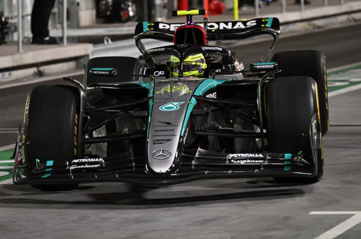 Mercedes' British driver Lewis Hamilton races out of the pit during the first practice session for the Las Vegas Formula One Grand Prix on November 21, 2024, in Las Vegas, Nevada.   Patrick T. Fallon / AFP