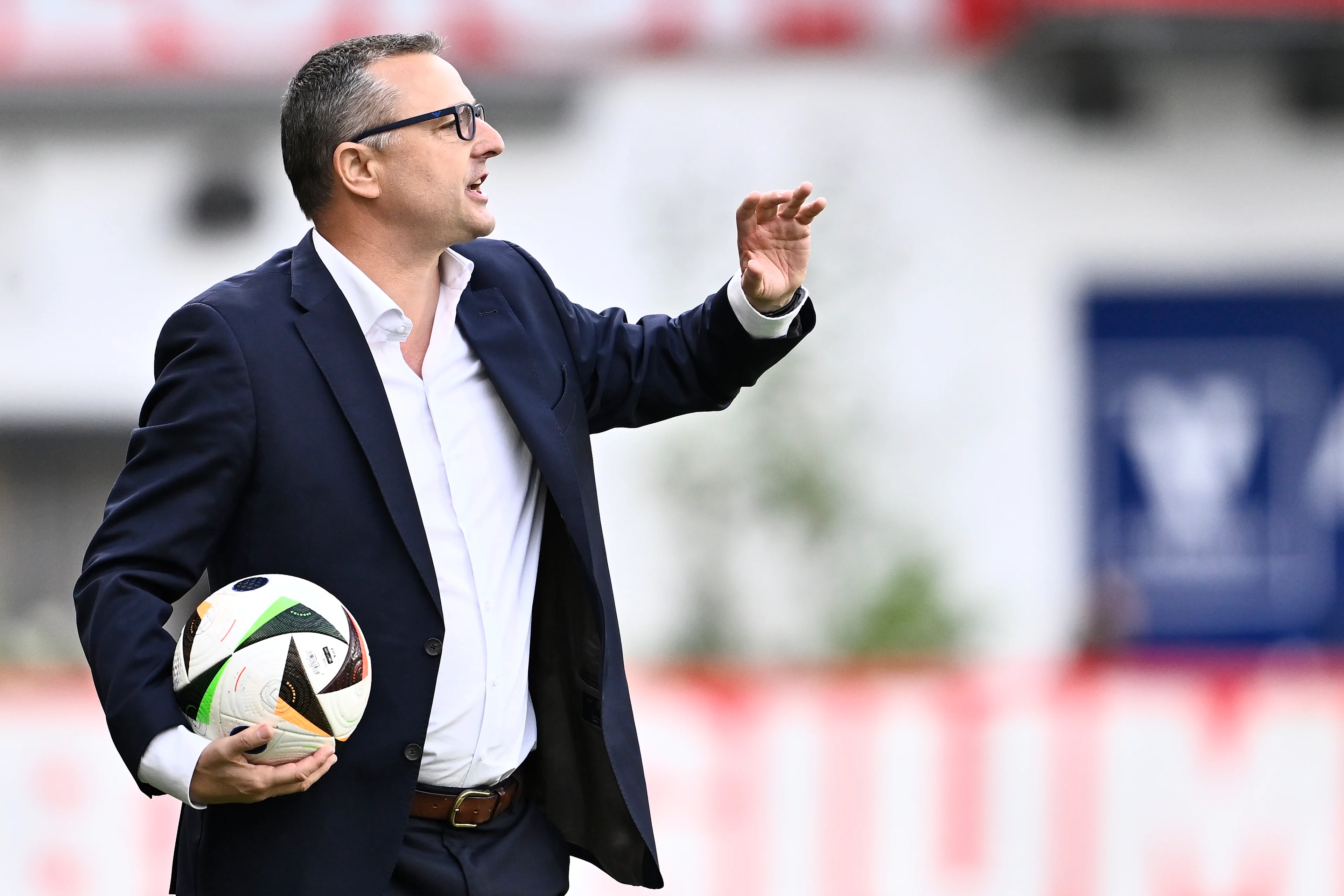 Belgium's head coach Ives Serneels pictured during a soccer game between Belgium's national women's team the Red Flames and Denmark, on Friday 12 July 2024 in Sint Truiden, match 5/6 of the qualifications of the 2025 European Championships. BELGA PHOTO JOHAN EYCKENS