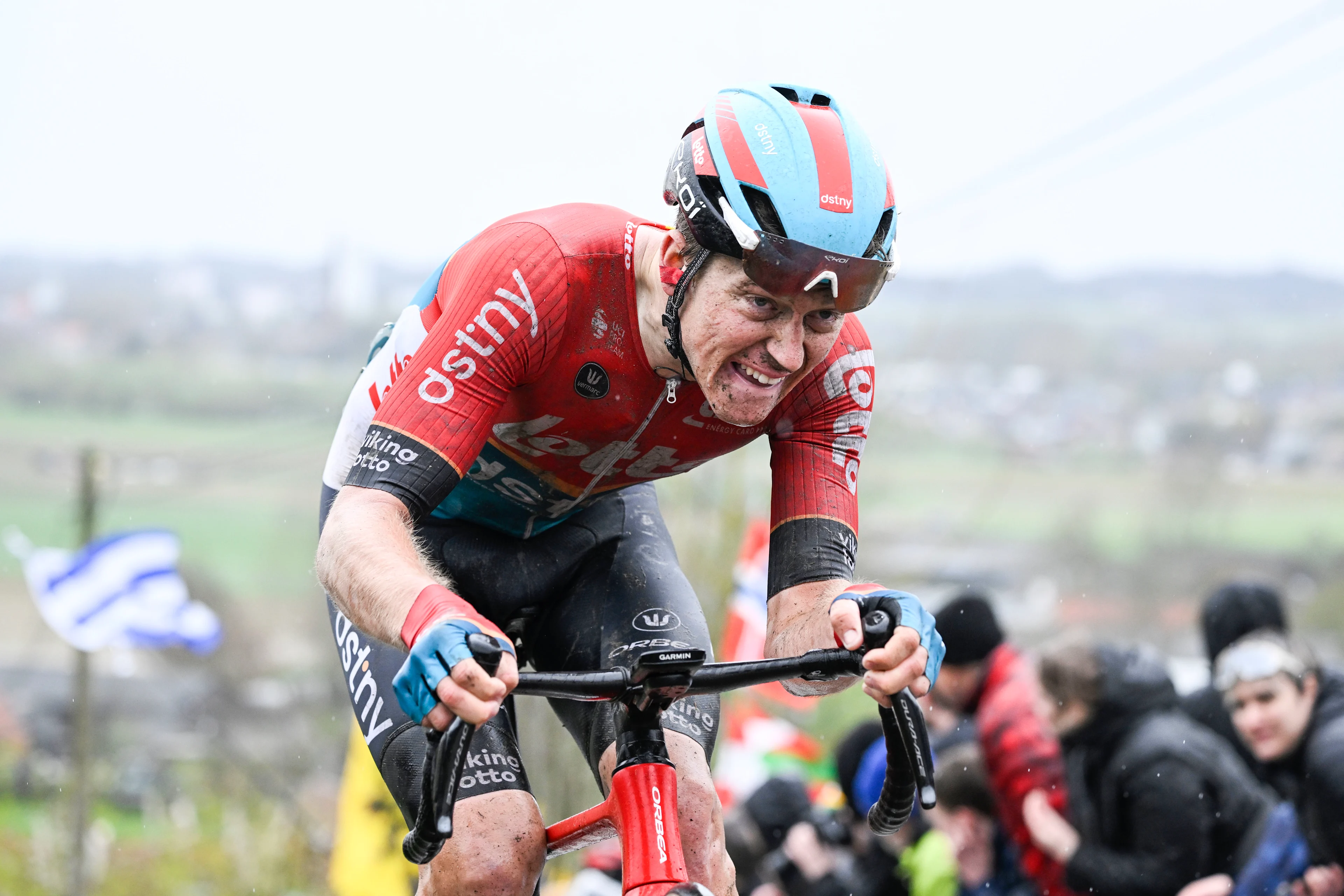 Belgian Jenno Berckmoes of Lotto Dstny pictured at the Paterberg during the men's race of the 'Ronde van Vlaanderen/ Tour des Flandres/ Tour of Flanders' one day cycling event, 270,8km from Antwerp to Oudenaarde, Sunday 31 March 2024. BELGA PHOTO TOM GOYVAERTS