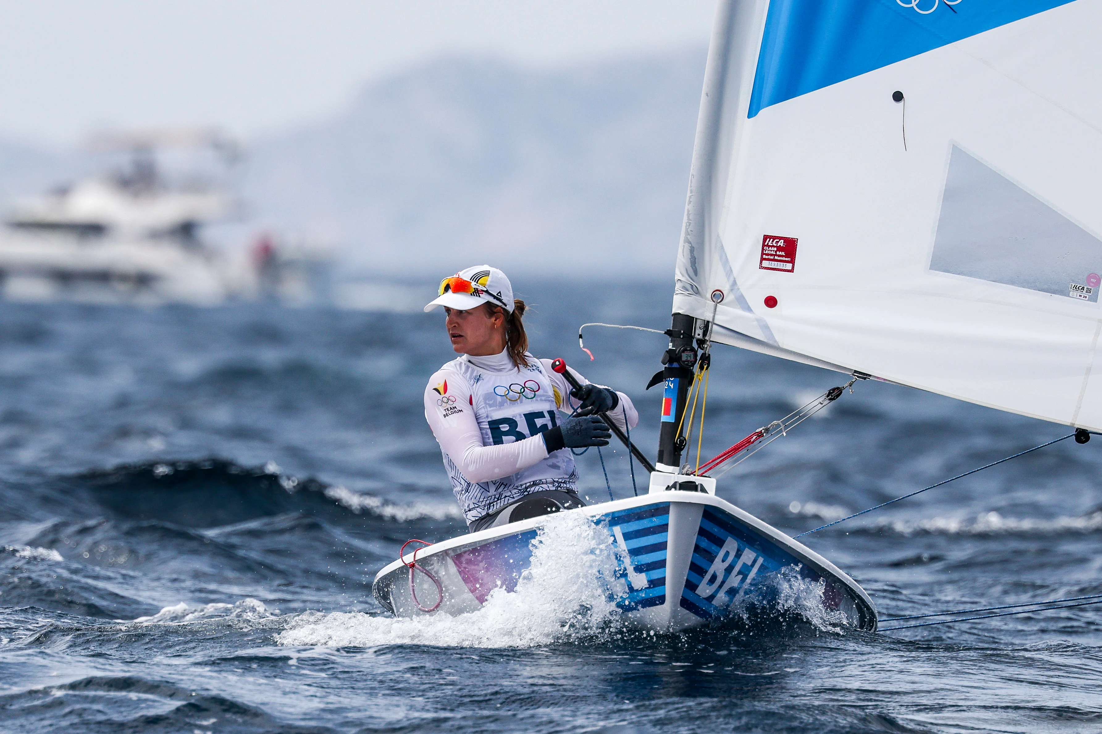 Emma PLASSCHAERT of Belgium in the Women's Dinghy medal race on day twelve of the Olympic Games Paris 2024 at Marseille Marina on August 07, 2024 in Marseille, France. (Photo by Johnny Fidelin/Icon Sport) *** BENELUX ONLY ***