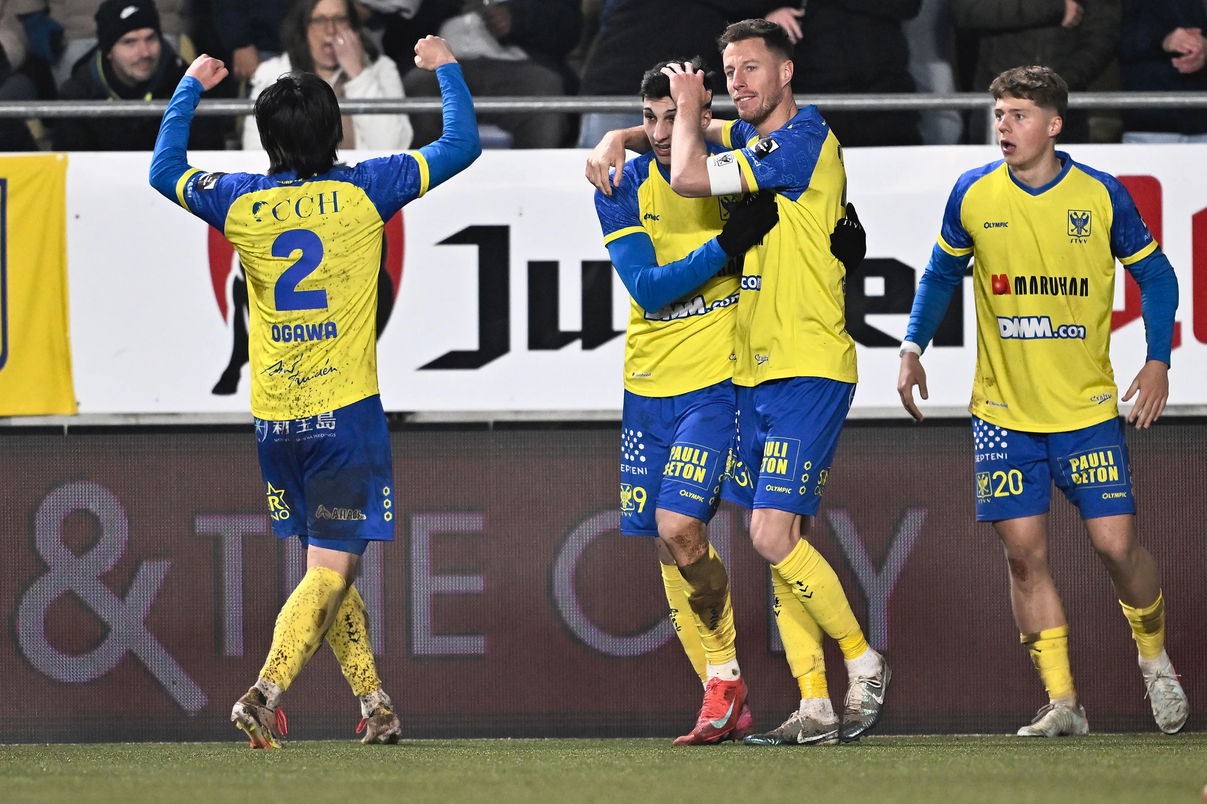 STVV's Andres Ferrari and STVV's Bruno Godeau celebrate after scoring during a soccer match between Sint-Truiden VV and KV Kortrijk, Saturday 01 March 2025 in Sint-Truiden, on day 28 of the 2024-2025 season of the 'Jupiler Pro League' first division of the Belgian championship. BELGA PHOTO JOHAN EYCKENS