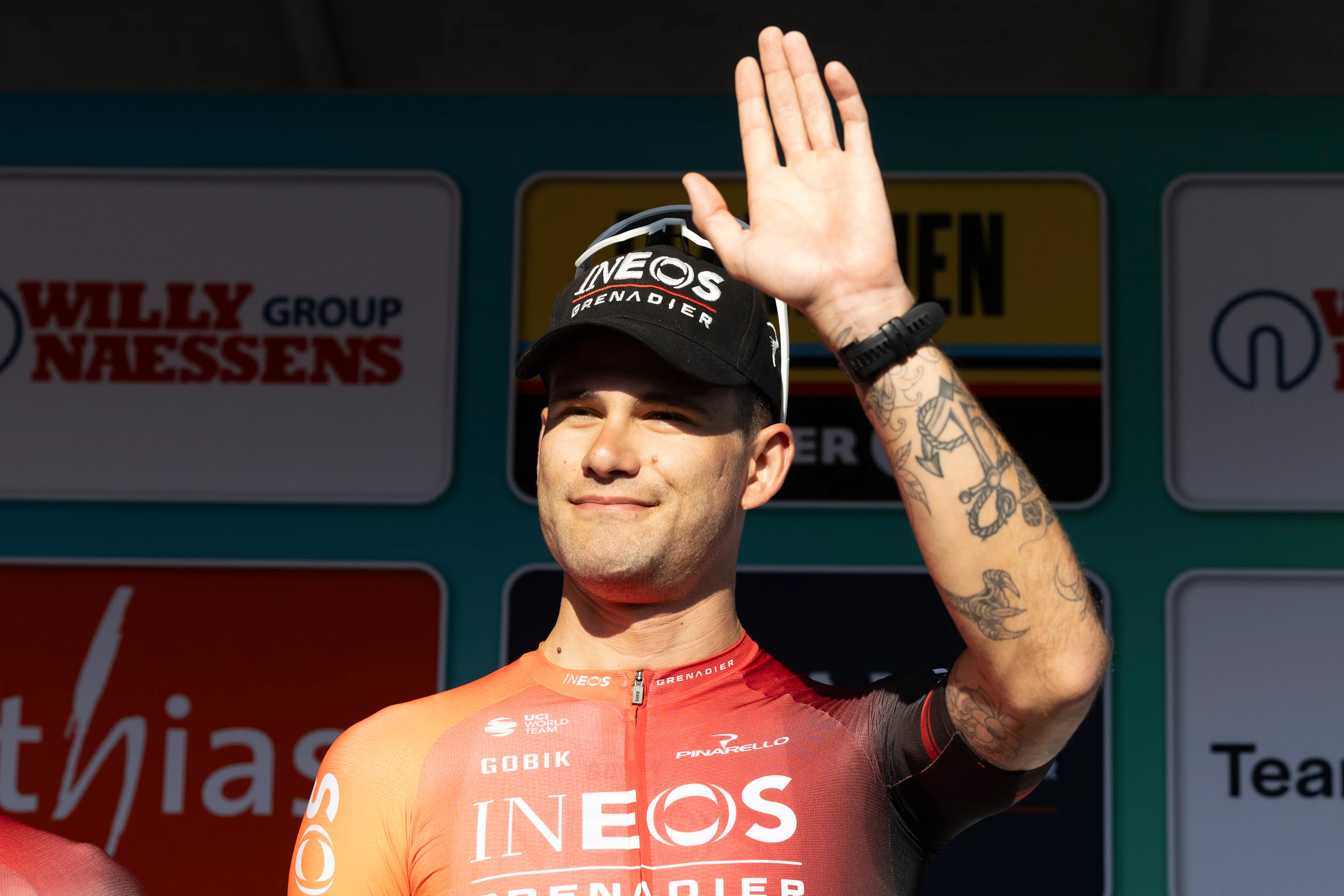 Italian Filippo Ganna of Ineos Grenadiers pictured during the presentation of the teams ahead of the 'Renewi Tour' multi-stage cycling race, starting tomorrow,on Tuesday 27 August 2024. The five-day race takes place in Belgium and the Netherlands. BELGA PHOTO DAVID PINTENS