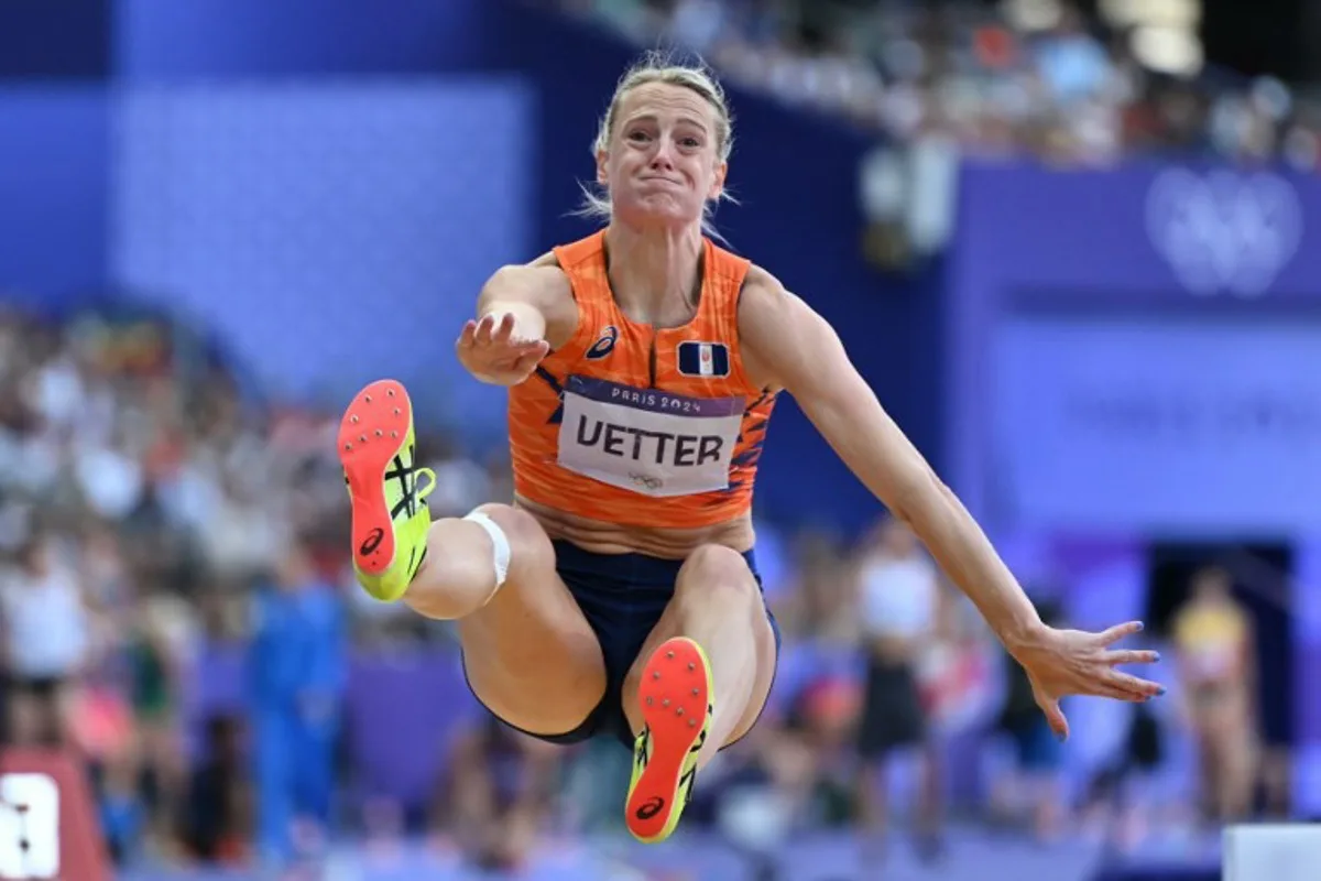 Netherlands' Anouk Vetter competes in the women's heptathlon long jump of the athletics event at the Paris 2024 Olympic Games at Stade de France in Saint-Denis, north of Paris, on August 9, 2024. Andrej ISAKOVIC / AFP