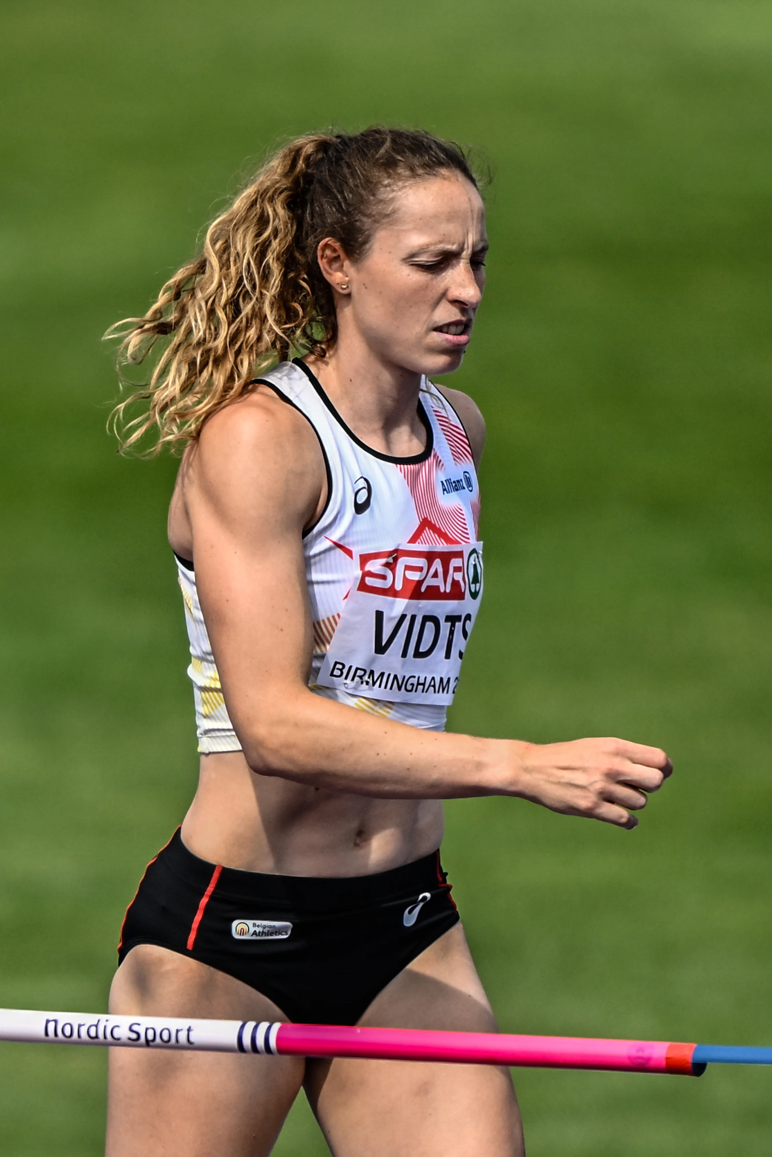 Belgian athlete Vidts Noor pictured in action during the High Jump event of the Women Pentathlon competition on the fifth day of the European Athletics Championships (August 10-18) in Birmingham, United Kingdom, on Friday 14 August 2026. BELGA PHOTO ERIC LALMAND