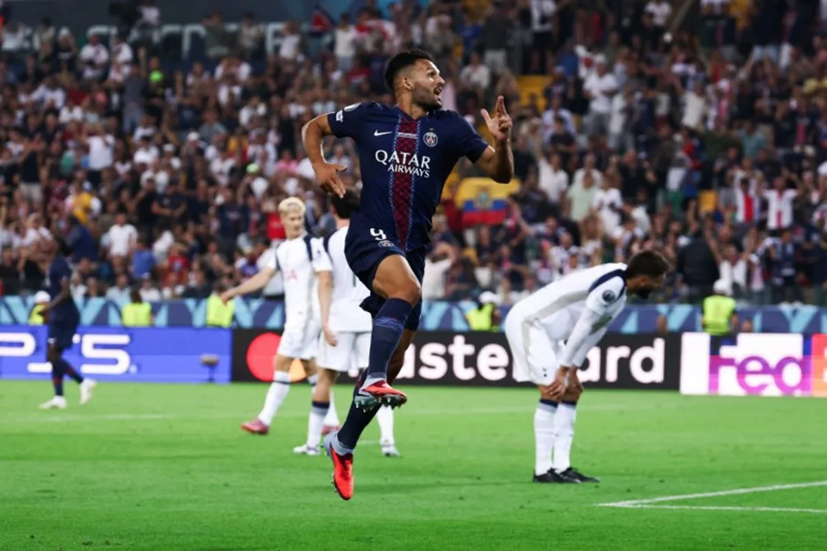 Paris Saint-Germain's Portuguese forward #09 Goncalo Ramos celebrates after scoring PSG's second goal during the 2025 UEFA Super Cup final football match between Paris Saint-Germain (FRA) and Tottenham Hotspur FC (ENG) at the Friuli stadium, in Udine, on August 13, 2025. FRANCK FIFE / AFP