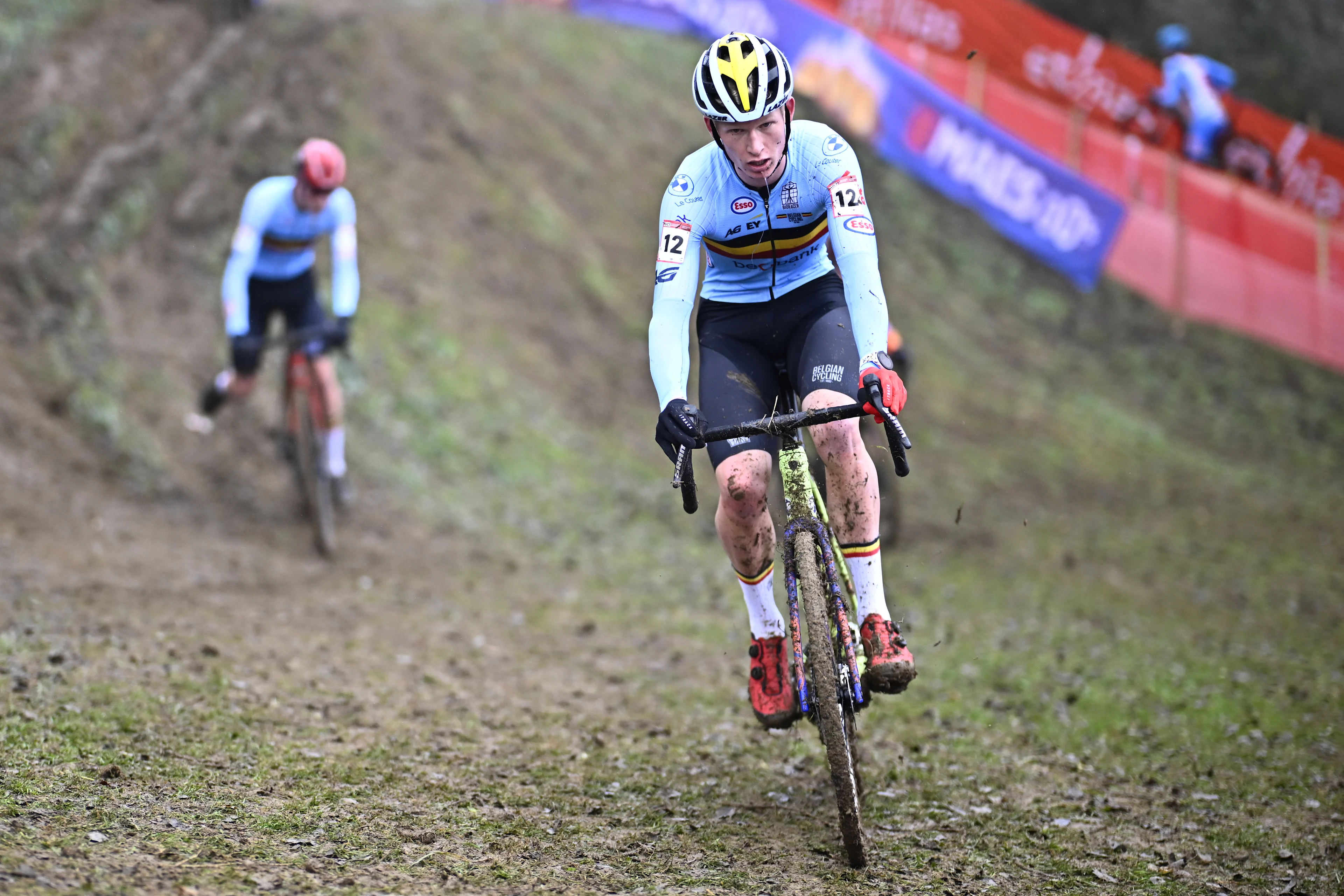 Belgian Seppe Van den Boer pictured in action during the men's Under 23 race at the Cyclocross World Cup cyclocross event in Besancon, France, , the eighth stage (out of 12) in the World Cup of the 2023-2024 season. BELGA PHOTO JASPER JACOBS