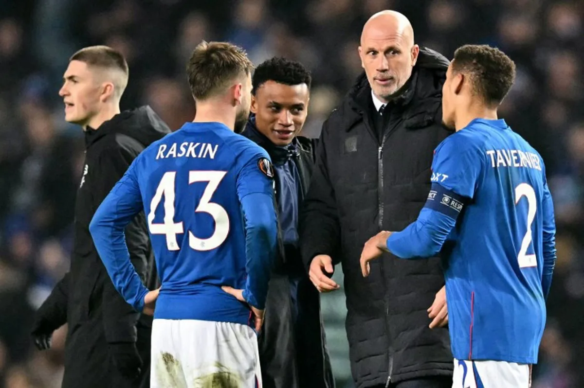 Rangers Belgian manager Philippe Clement (2R) reacts following the UEFA Europa League, League Phase football match between Rangers and Tottenham Hotspur at the Ibrox Stadium in Glasgow on December 12, 2024.  ANDY BUCHANAN / AFP