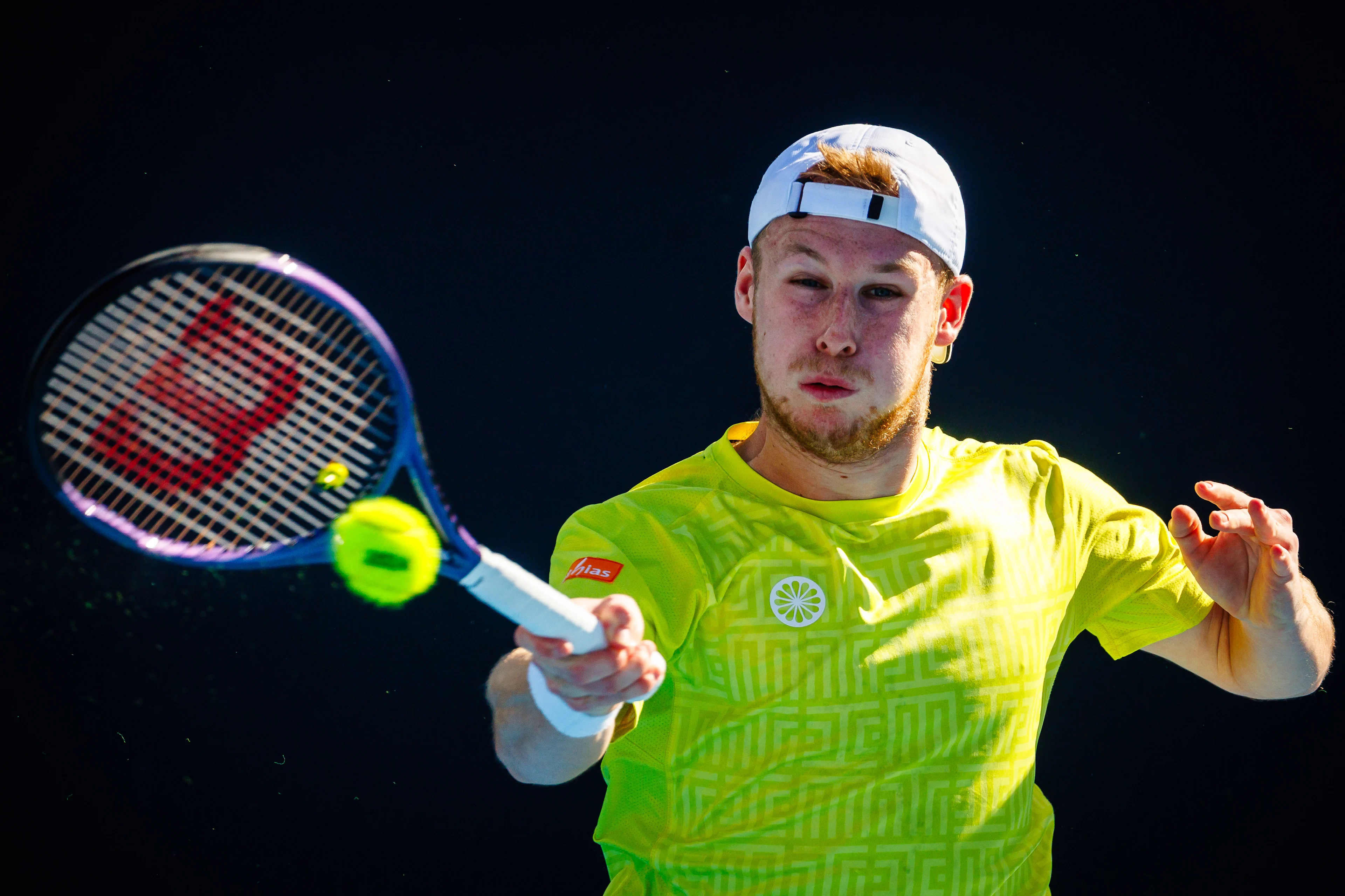 Belgian Gauthier Onclin pictured in action during a tennis match against US Kovacevic in the first round of the qualifiers for the men's singles tournament of the 'Australian Open' Grand Slam tennis tournament, Wednesday 10 January 2024 in Melbourne Park, Melbourne, Australia. The 2024 edition of the Australian Grand Slam takes place from January 14th to January 28th. BELGA PHOTO PATRICK HAMILTON