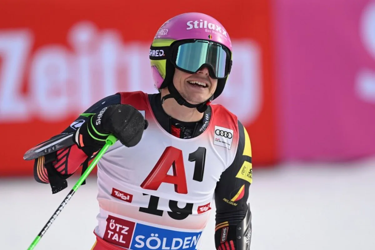 Belgium's Sam Maes reacts after the second run of the men's Giant Slalom of the FIS Alpine Ski World Cup in Soelden, Austria, on October 27, 2024.  KERSTIN JOENSSON / AFP