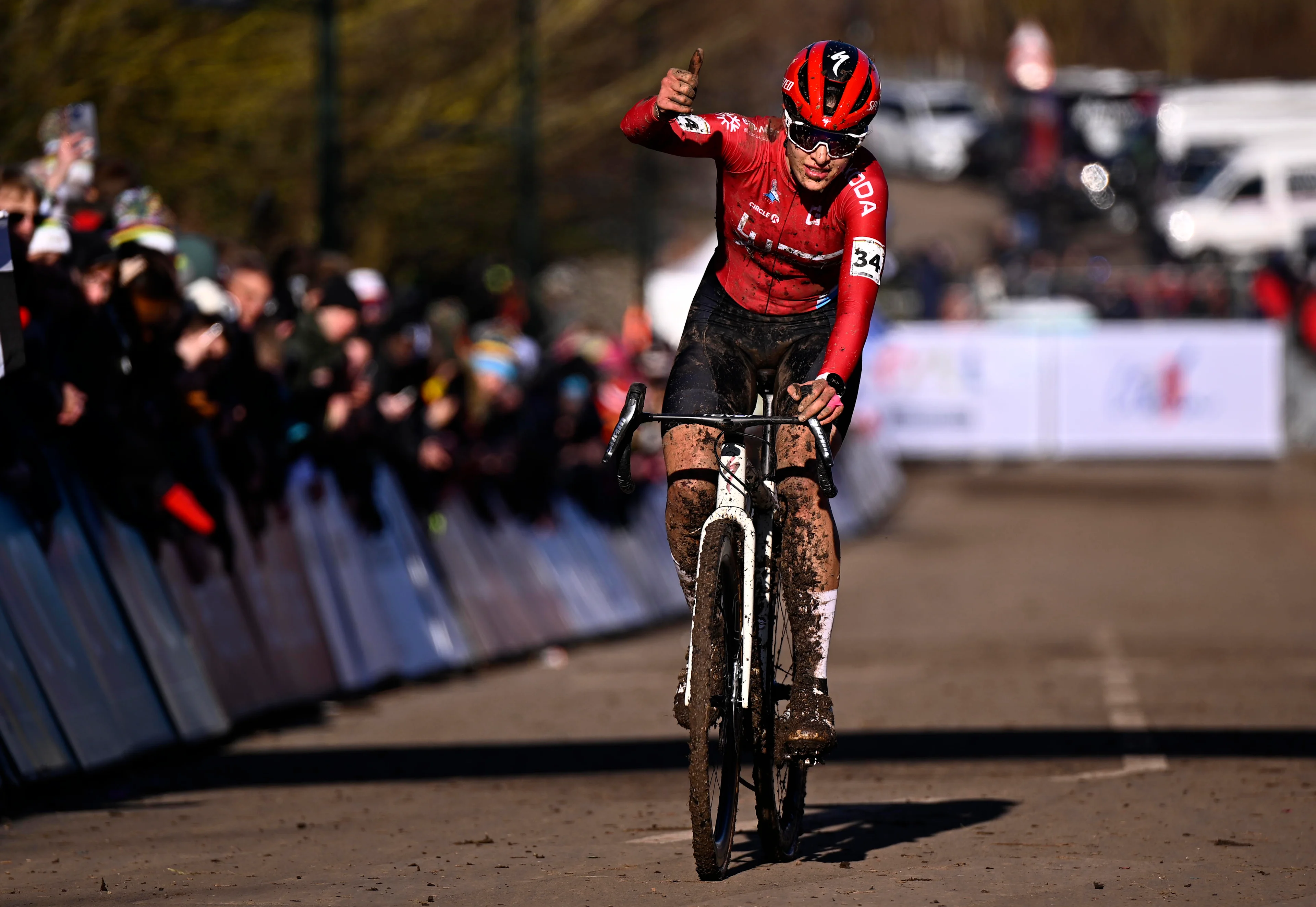 Luxembourgian Marie Schreiber crosses the finish line at the U23 women competition of the UCI cyclocross World Championship, in Lievin, France, Sunday 02 February 2025. The world championships are taking place from 31 January until 02 February. BELGA PHOTO JASPER JACOBS