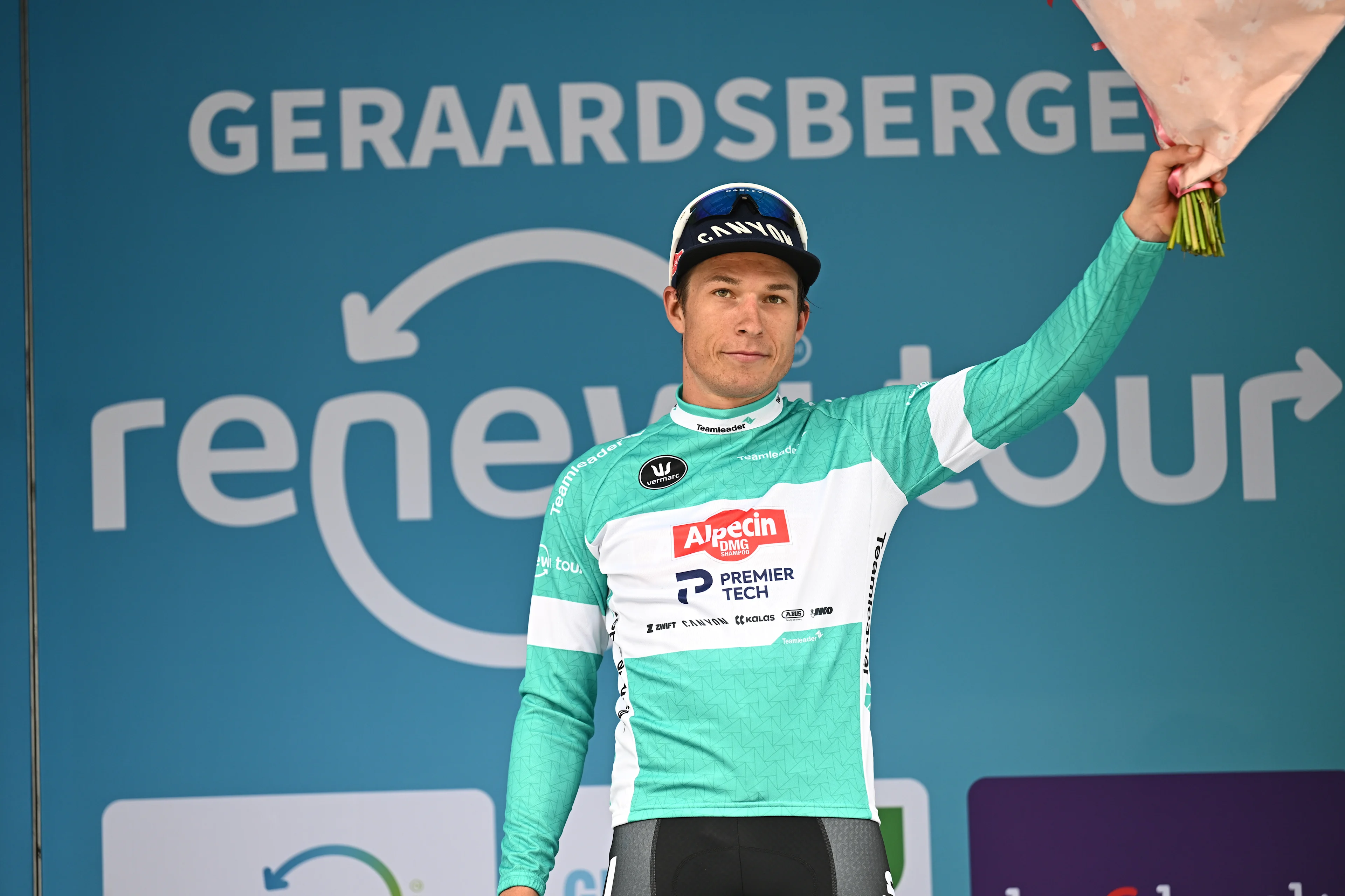 Belgian Jasper Philipsen, leader in the points ranking, pictured on the podium of stage three of the 'Renewi Tour' multi-stage cycling race, from Celles to Geraardsbergen (182 km) on Friday 21 August 2026. The five-day race takes place from 19 to 23/08. BELGA PHOTO DAVID PINTENS