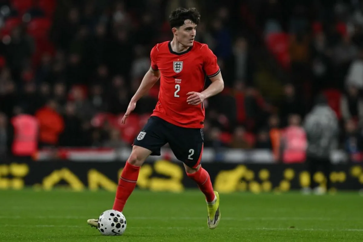 England's defender Tino Livramento looks to play a pass during the friendly International football match between England and Uruguay at Wembley Stadium, west London, on March 27, 2026. Glyn KIRK / AFP