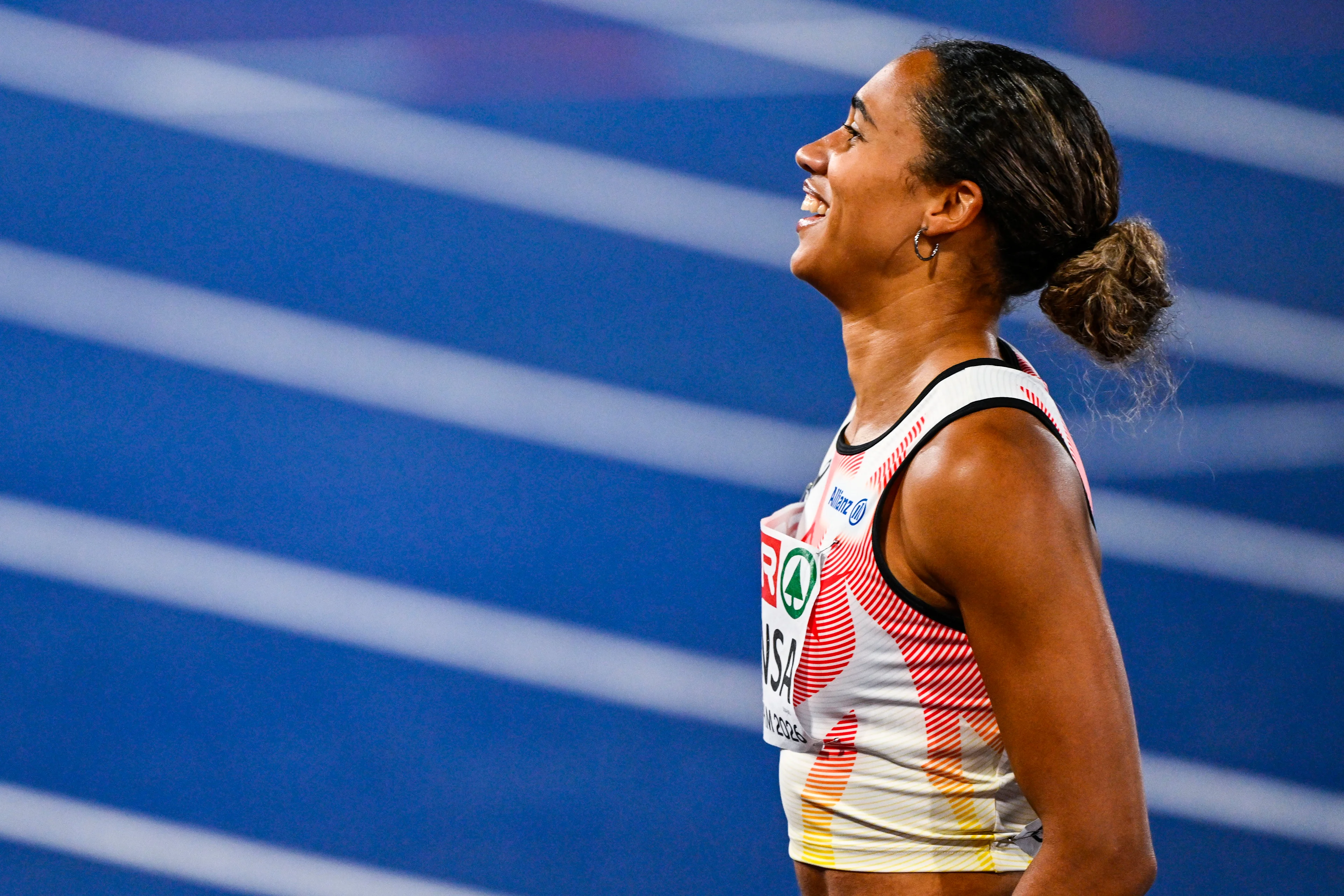 Belgian Delphine Nkansa celebrates after she finished third with new record 11.6 s at the final of the women's 100m race at the European Athletics Championships (August 10-18) in Birmingham, United Kingdom, on Monday 10 August 2026. BELGA PHOTO ERIC LALMAND