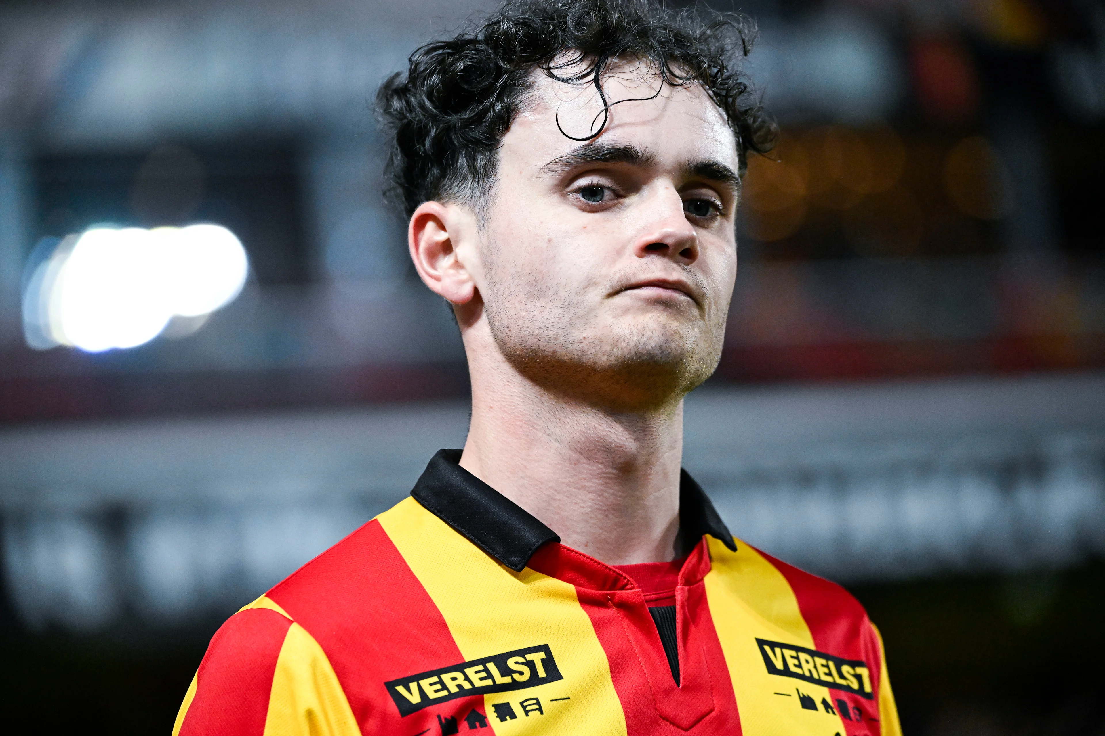 Mechelen's Jannes Van Hecke looks dejected during a soccer match between KV Mechelen and RWD Molenbeek Sunday 28 January 2024 in Mechelen, on day 22 of the 2023-2024 season of the 'Jupiler Pro League' first division of the Belgian championship. BELGA PHOTO TOM GOYVAERTS