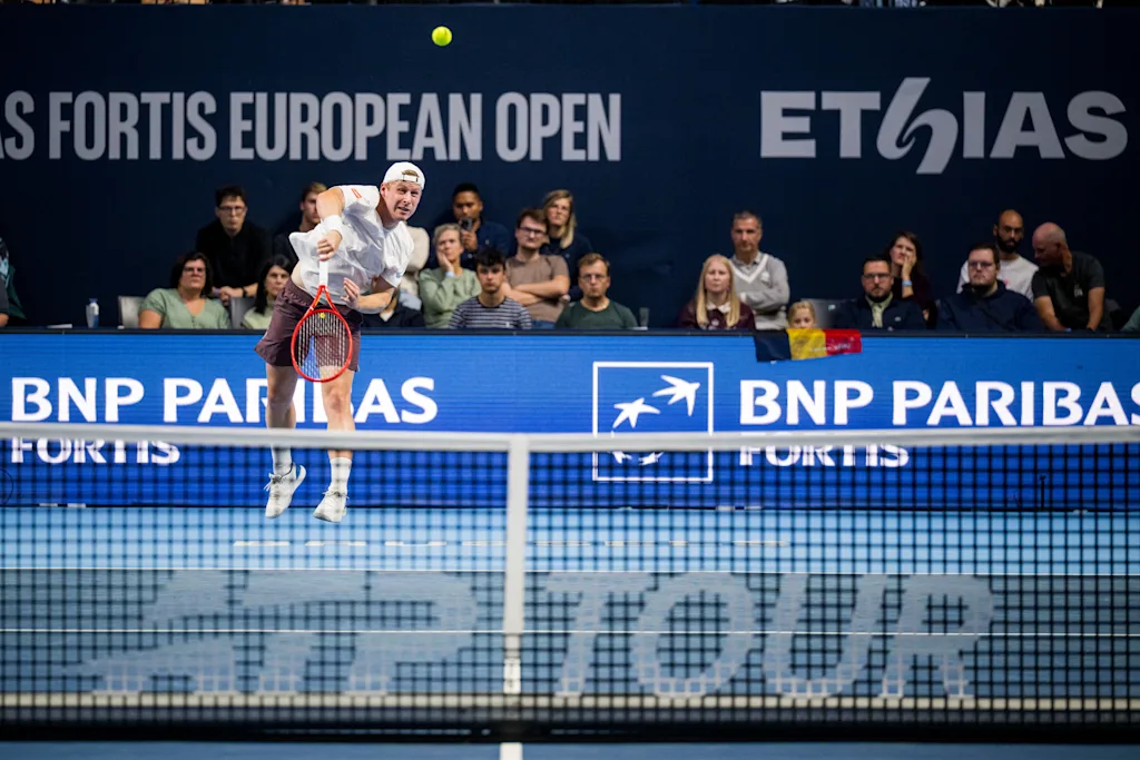 Gauthier Onclin of Belgium pictured in action during the European Open ATP tennis tournament in Brussels, on Sunday 18 October. This year's edition of the tournament is taking place from 17 to 25 October BELGA PHOTO JASPER JACOBS